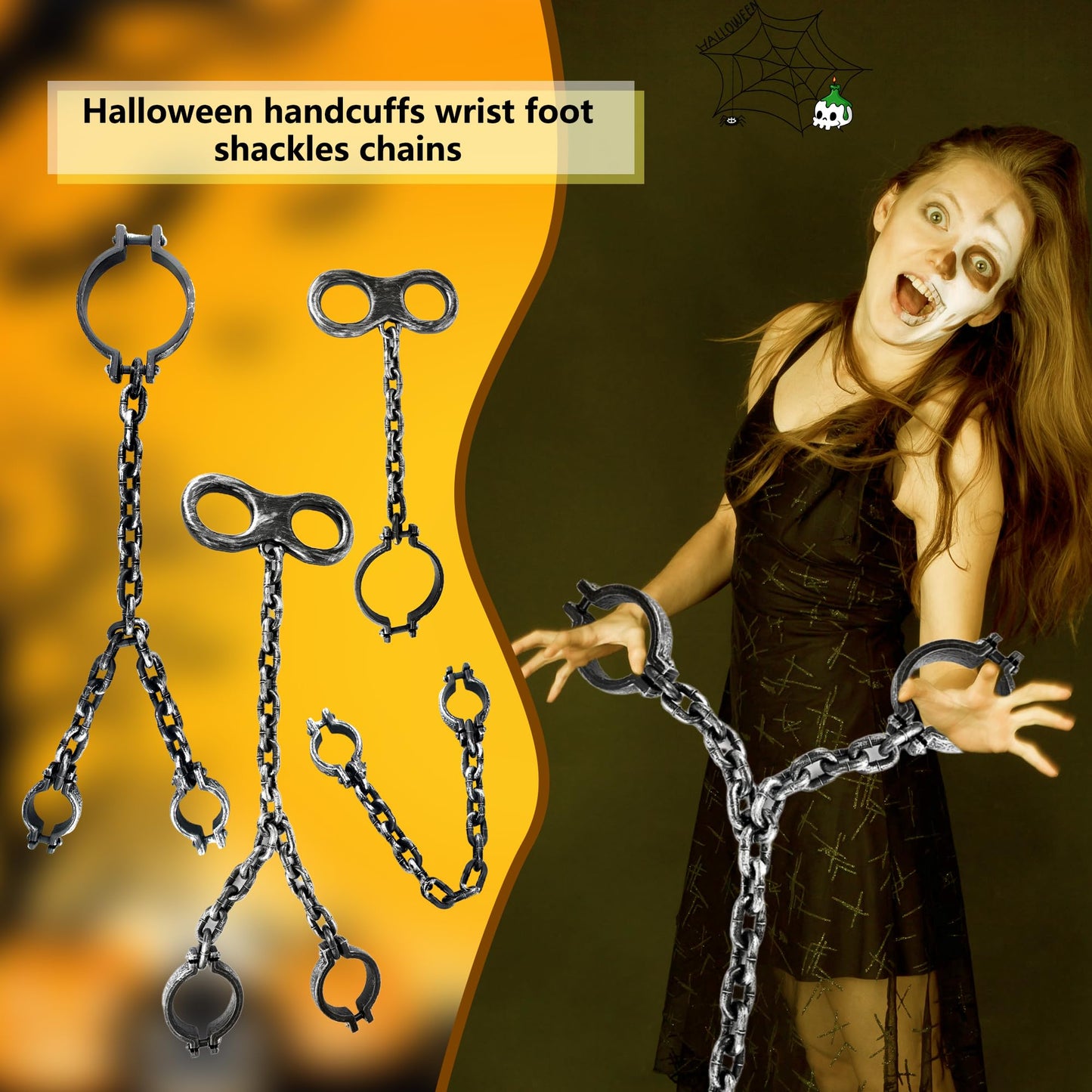 Sonarun 4 Pcs Halloween Chains Props Realistic Plastic Chains Link Prison Fake Wrist Shackles Feet Shackles Neck Shackles Chain Toys Prank Props for Halloween Costume Party Haunted Dress Up