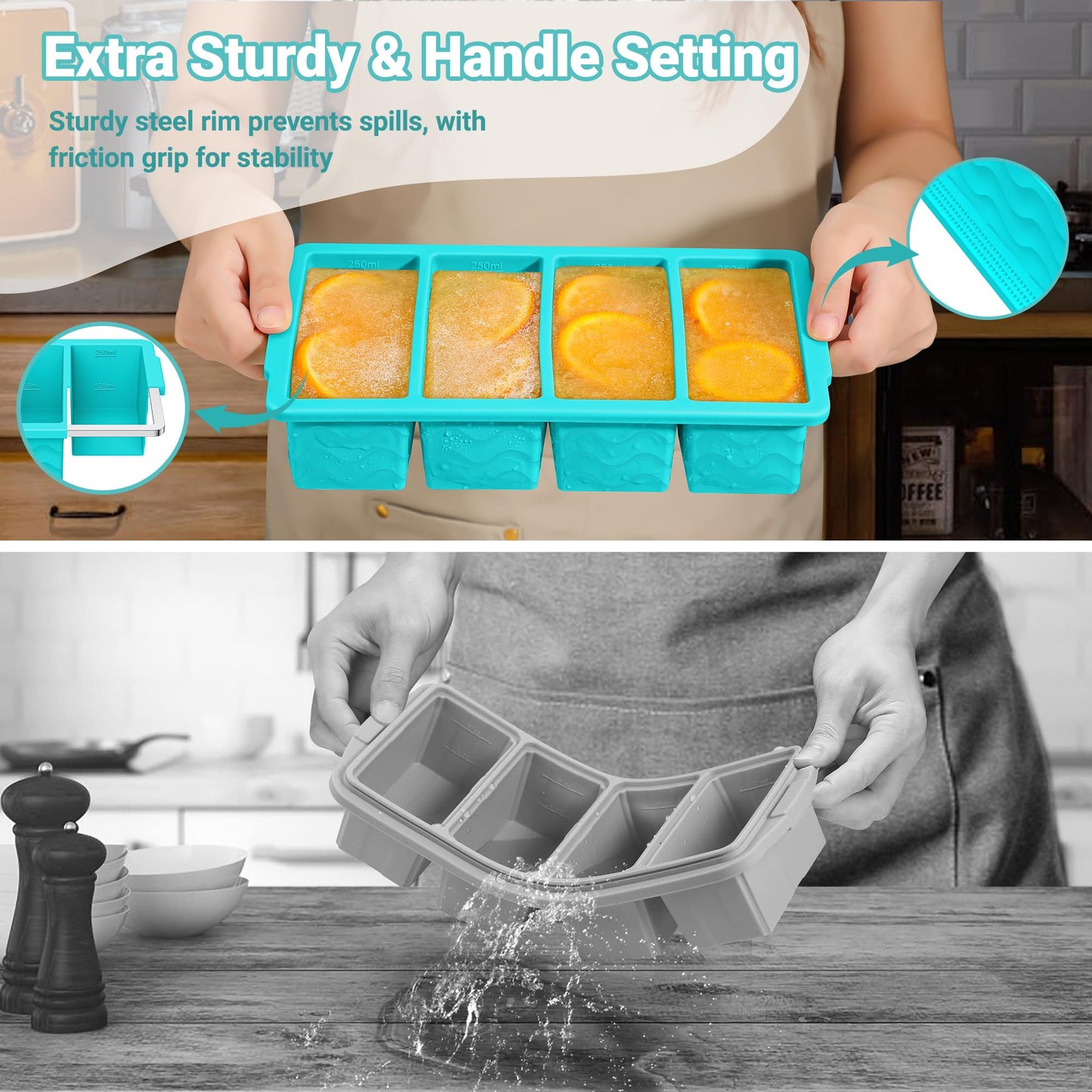 Silicone Freezer Molds for Soup with Lid – 1-Cup Soup Container Style Ice Cube Trays for Freezer, Meal Prep & Food Storage, Freeze 250mL/125mL Portions – 2 Pack