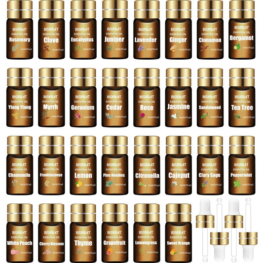 BISIRBAT 30 Aromatherapy Oils Set - Essential Oils for Diffuser, Air Freshening,Aromatherapy,Humidifiers,Massage, Candle&Soap Making, Laundry (5ml)