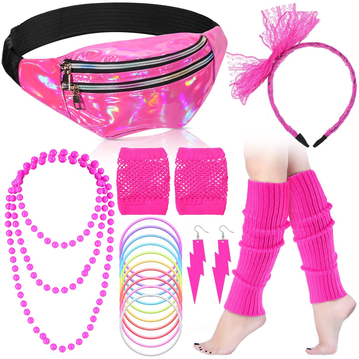 Handepo 19 Pcs 80s Costume Accessories Holographic Fanny Pack Leg Warmers Lace Headband Earrings Gloves Necklace Bracelet (Rose Red)