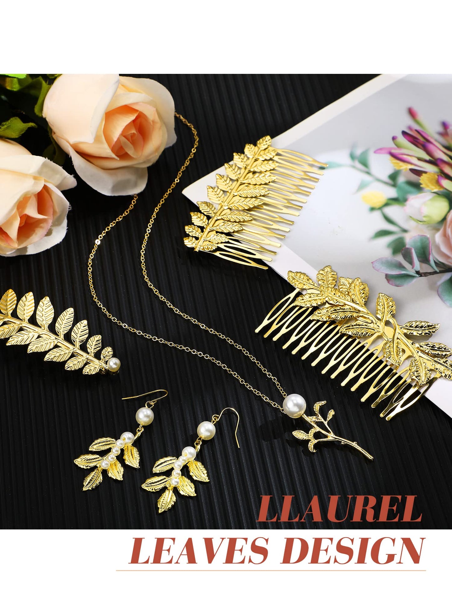 Xinnun 9 Pcs Greek Goddess Costume Accessories Toga Belt Leaves Crown Bracelet Headpiece Earrings Necklace for Women Bridal(Classic)