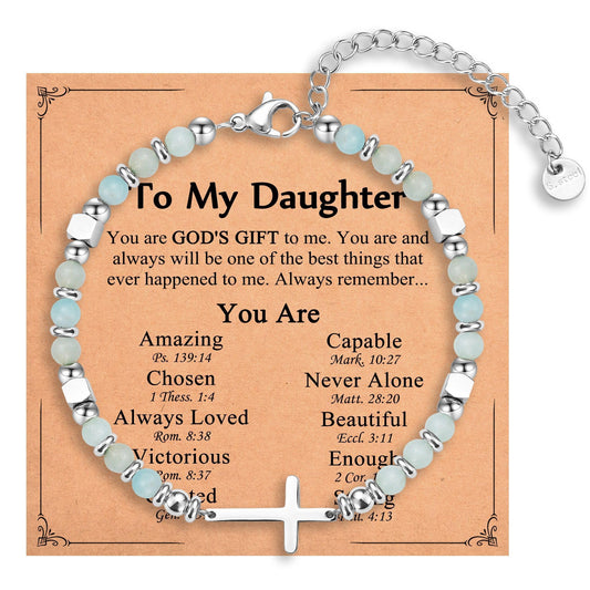 IKIATY Daughter Gifts from Mom Dad, Christian Cross Bracelet Jewelry for Teenage Girls, Daughter Birthday Gifts Easter Basket Christmas Stocking Stuffers Valentines Day Gifts for Teens Girls Women