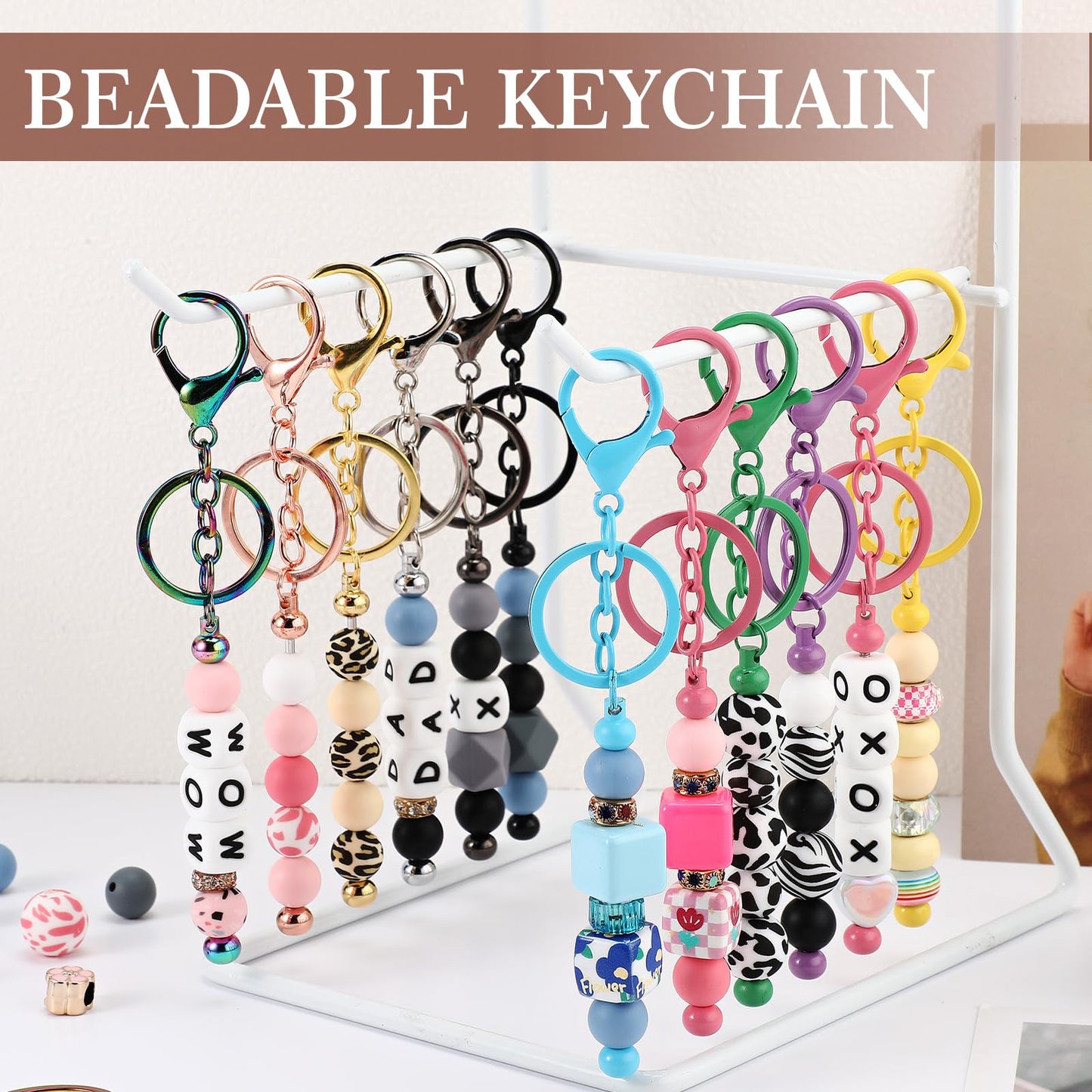 Tondiamo 24 Pcs Beadable Keychain Bars Bulk Beads for Keychain Making Kit Gifts for Women Men DIY Crafts(Multicolor)