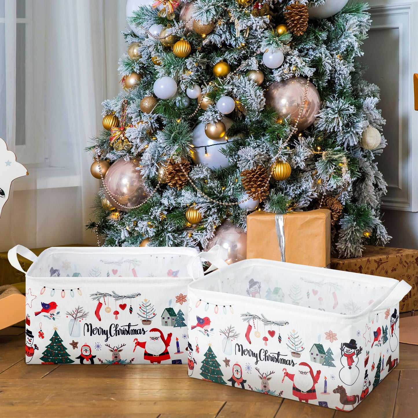 Maxcheck 6 Pcs Large Christmas Santa Storage Basket Foldable Christmas Gift Basket Rectangle Xmas Present Storage Boxes Bin Fabric Laundry Storage Organizer with Handles for Cloth Toy