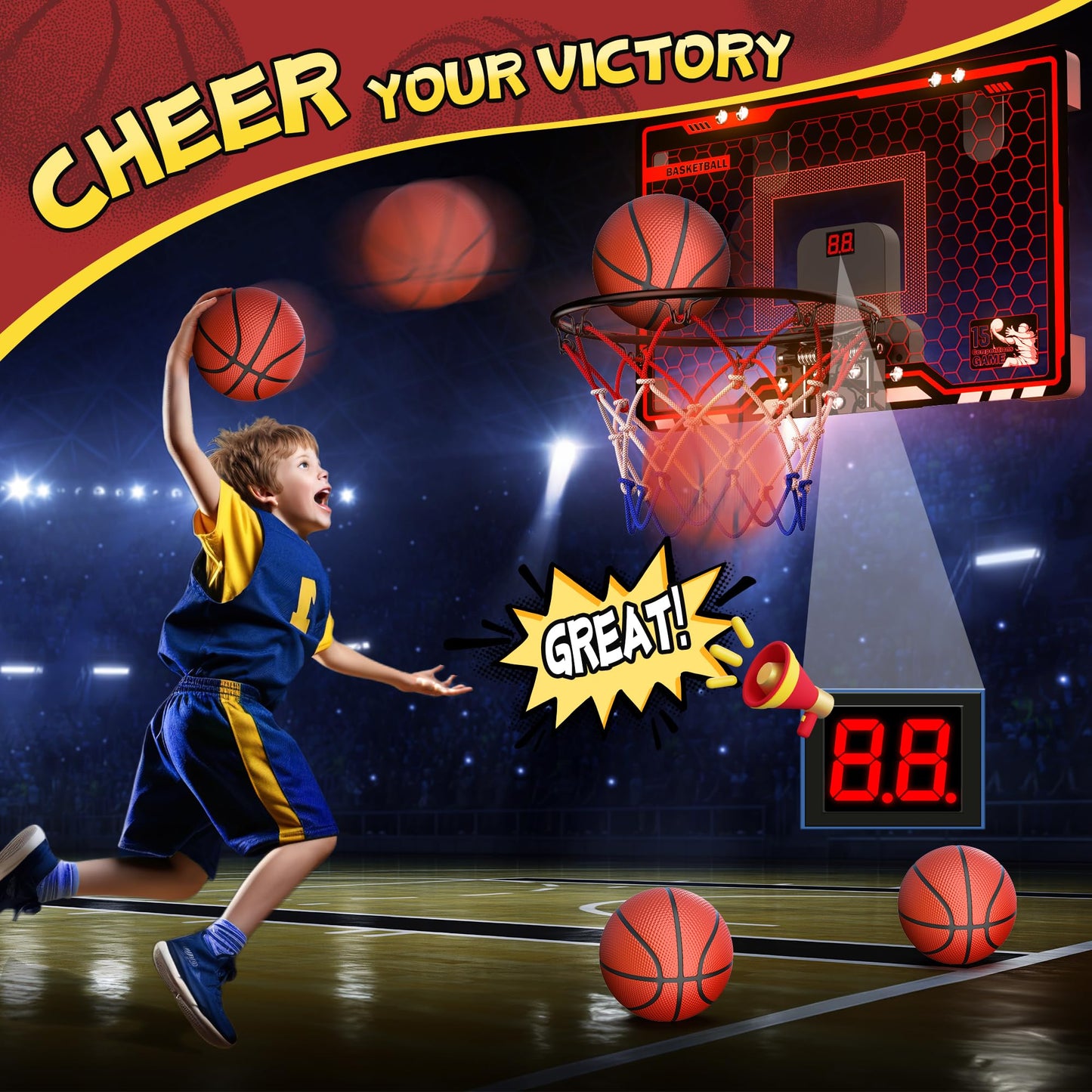 HopeRock Indoor Basketball Hoop, Over The Door Mini Basketball Hoops for Kids, with LED Light and Scoreboard, Birthday Gifts for 5 6 7 8 9 10 11 12 Years Old Boys Girls, Sports Toys