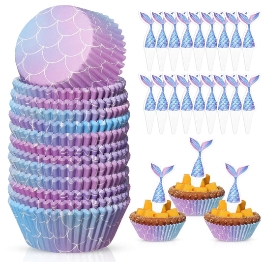 Vesici 200 Counts Cupcake Liners and 200 Counts Cupcake Toppers Round Baking Cups Greaseproof Muffin Liners for Graduation Wedding Baby Shower Birthday Theme Party Supplies(Mermaid)