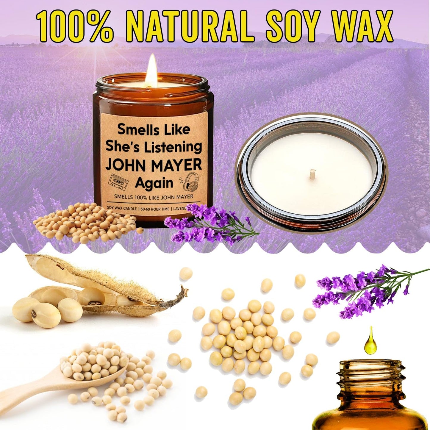 Smells Like She's Listening John-Mayer Again Candle - Funny Singer Candle - Pop Rock Candle - Music Lovers Gifts for Birthday- Christmas- Holiday - Gifts Idea for Fans - Lavender Scented Candle, 8oz