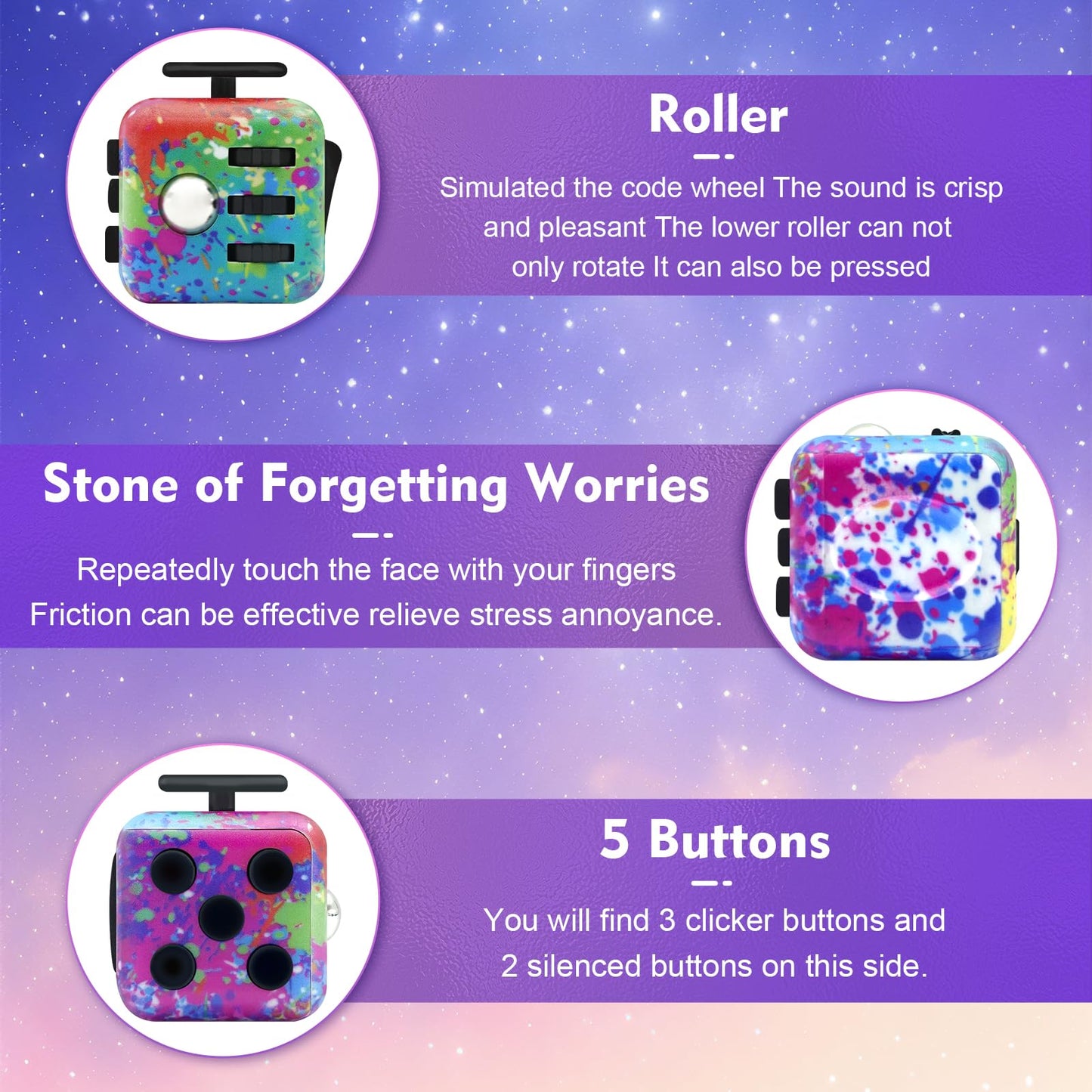 Lollyx Fidget Toy Cube, 4 Pack Cube Fidget Anxiety Relief Toys for Kids and Adults, 6 Sided Fidget Toys Cube Hand-Held for Adults, Audible/Silent Cube Toys Fidget for ADD/ADHD/OCD