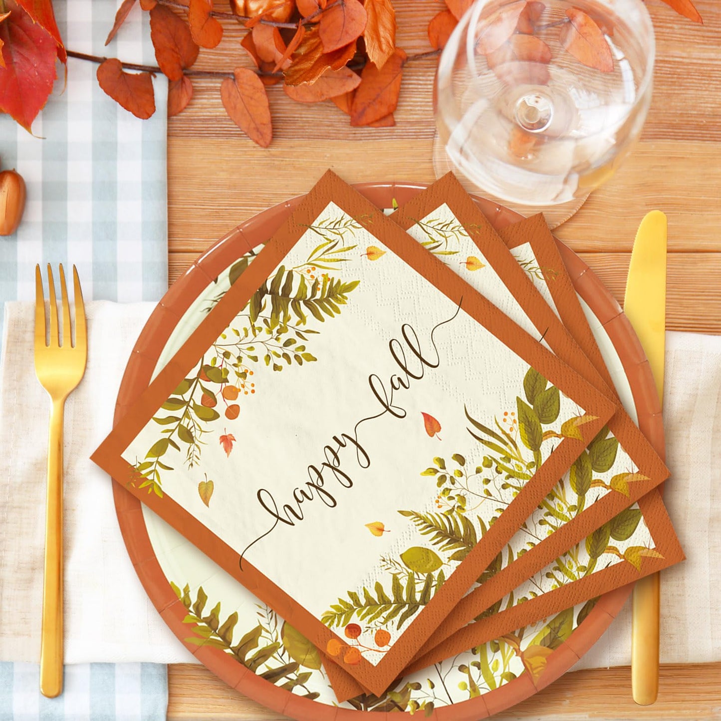 Whaline 24 Sets Fall Thanksgiving Paper Plates Cups and Napkins Party Decorations Rustic Autumn Leaves Disposable Paper Plates Happy Fall Paper Cups and Napkins for Holiday Wedding Birthday Party