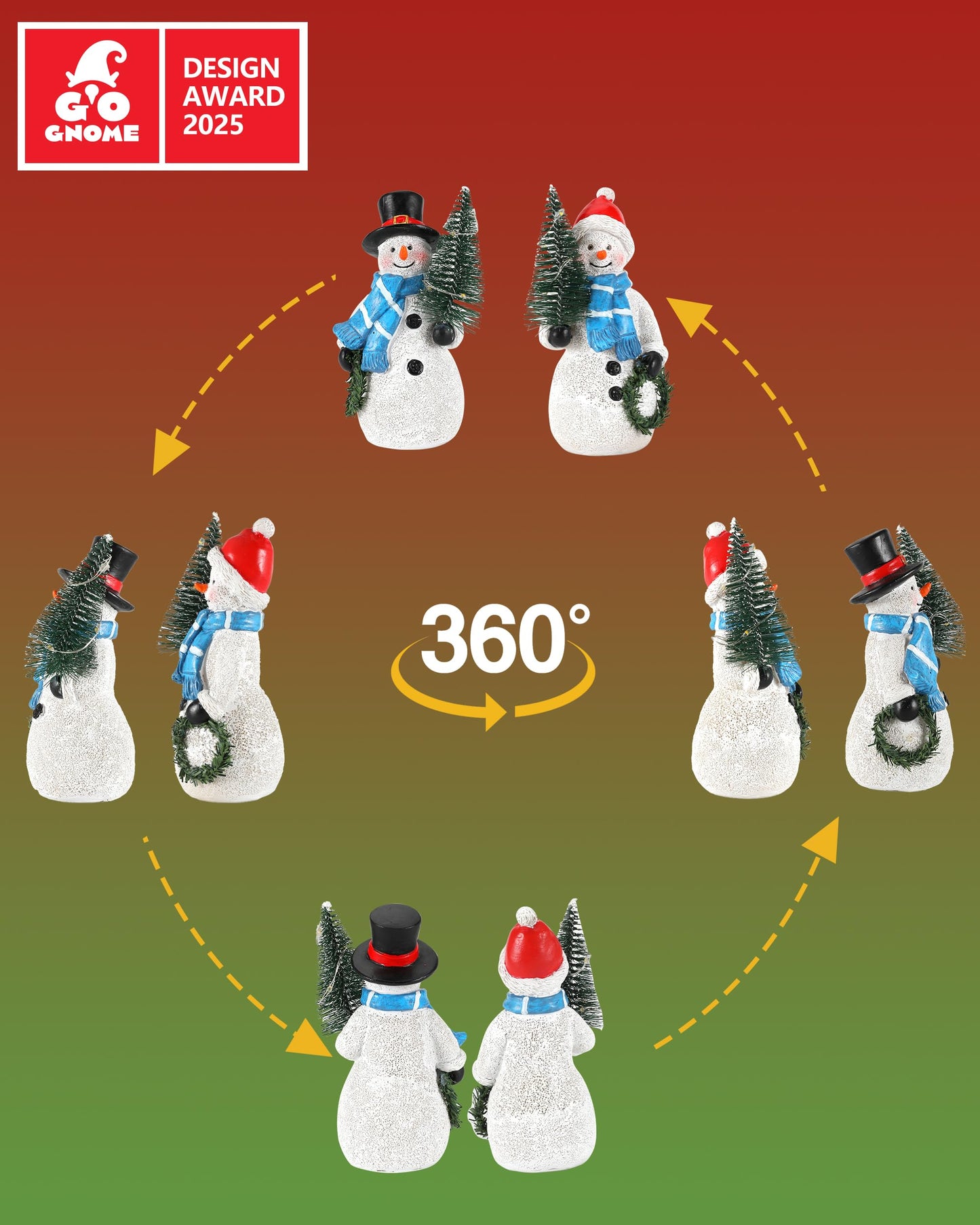 GoGnome Duo 5'' Resin Snowman Figurines with Lighted Christmas Tree Wreath - Christmas Decorations Indoor Snowman Decor Ornaments Centerpiece - Winter Holiday (Snowmen)