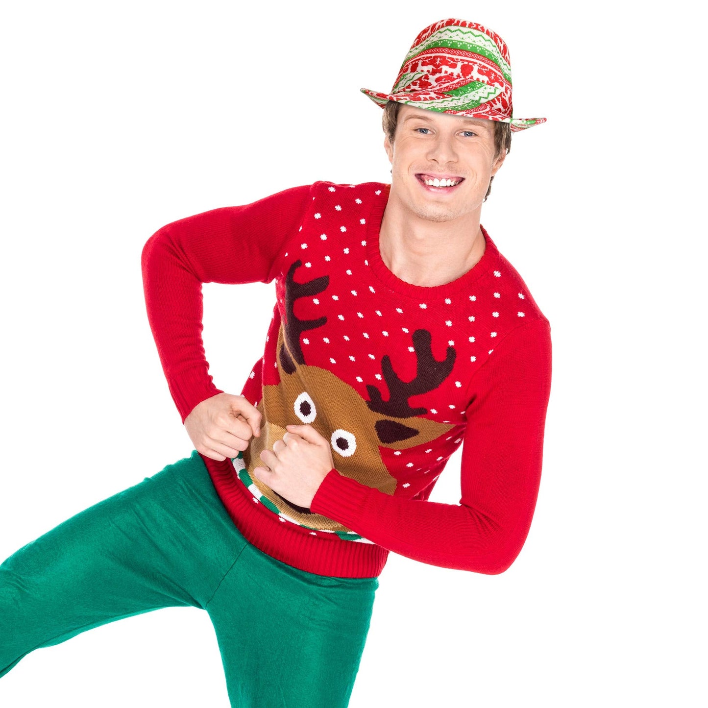 Skeleteen Ugly Sweater Fedora Hat - Funny Christmas Holiday Red and Green Ugly Sweater Party Hat for Adults and Kids