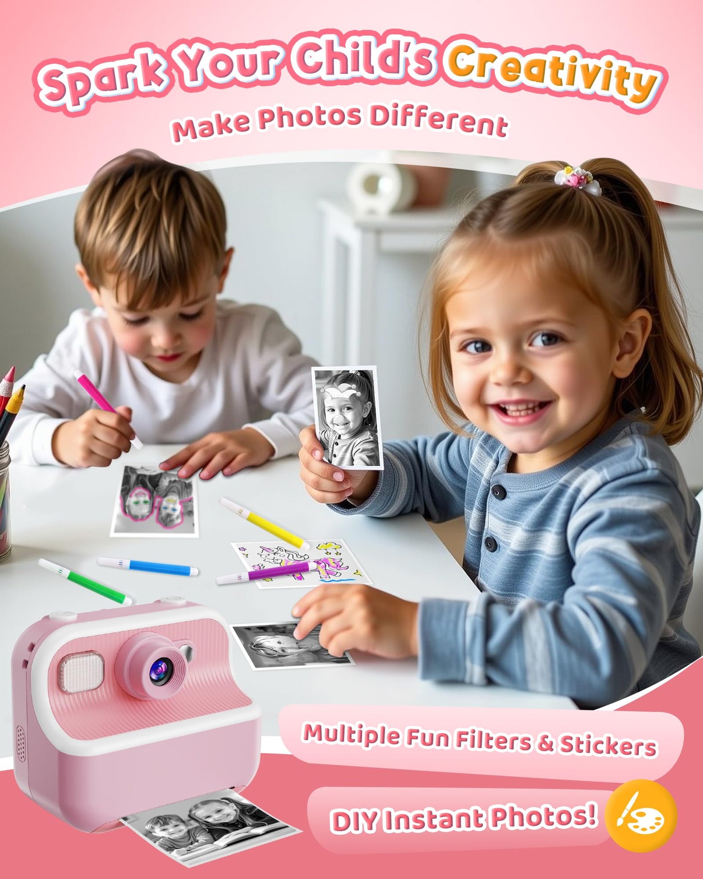 Instant Camera, Front Rear Dual Selfie Kids Camera with 1080P Videos, Holiday Birthday Gifts for Kids Age 3-12, Toddler Portable Travel Print Digital Camera Toy for 4 5 6 7 8 9 Year Boys Girls