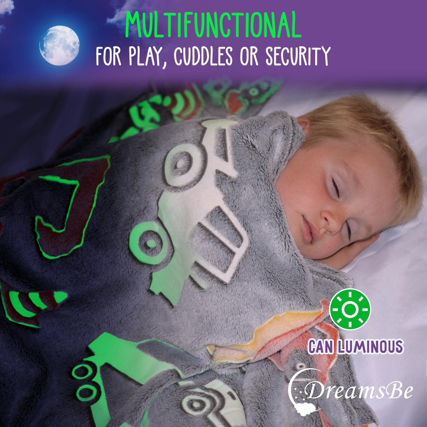 Construction Truck Glow in The Dark Blanket - Luminous Tractor Blanket for Kids - Soft Plush Digger Dump Truck Excavator Throw for Boys - Large 60inx50in Glowing Big Trucks Toddler Gift