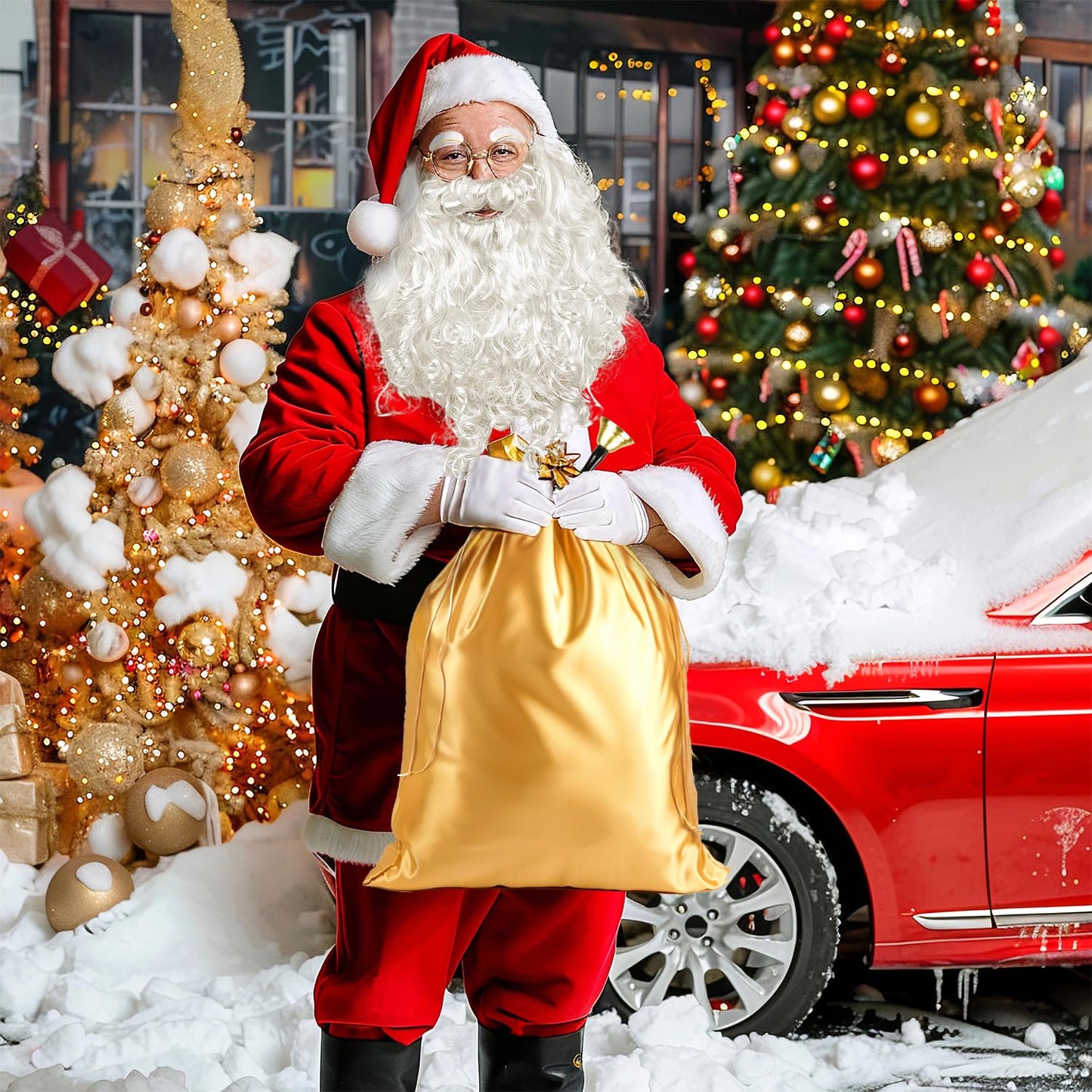 MOVINPE Santa Claus Beard and Wig Set for Adult Men Santa Costume Accessories, Beard Wig Eyebrows Hat Glasses Gloves Satin Gift Bags Hand Bell, Perfect for Holiday Celebrations Parties Festive Events