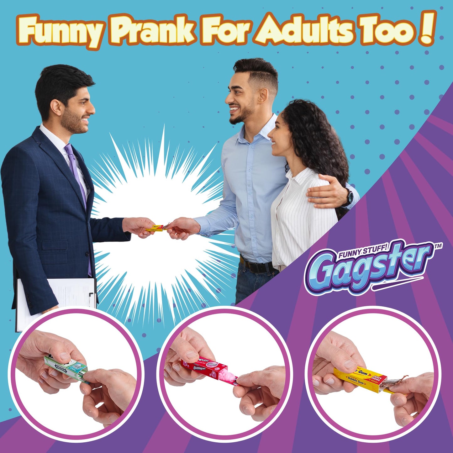 Gagster 4-in-1 Prank Chewing Gum Set – Shocking, Water Squirt, Cockroach Snapping, Fake Chewed Gum, Gag Gifts for Kids Adults, Work Pranks, April Fools, Practical Joke Toys Kit