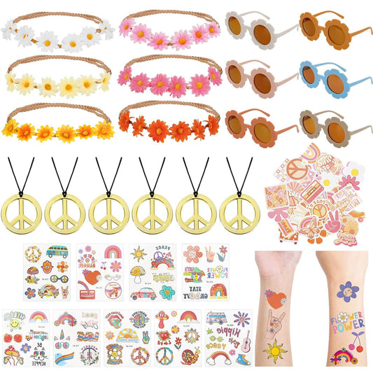 Whaline 77Pcs Groovy Hippie Party Accessories Daisy Flower Headbands Hippie Round Flower Glasses Peace Sign Necklace Temporary Tattoos for Retro Boho Costume Accessories Kids 60s 70s Party Gifts