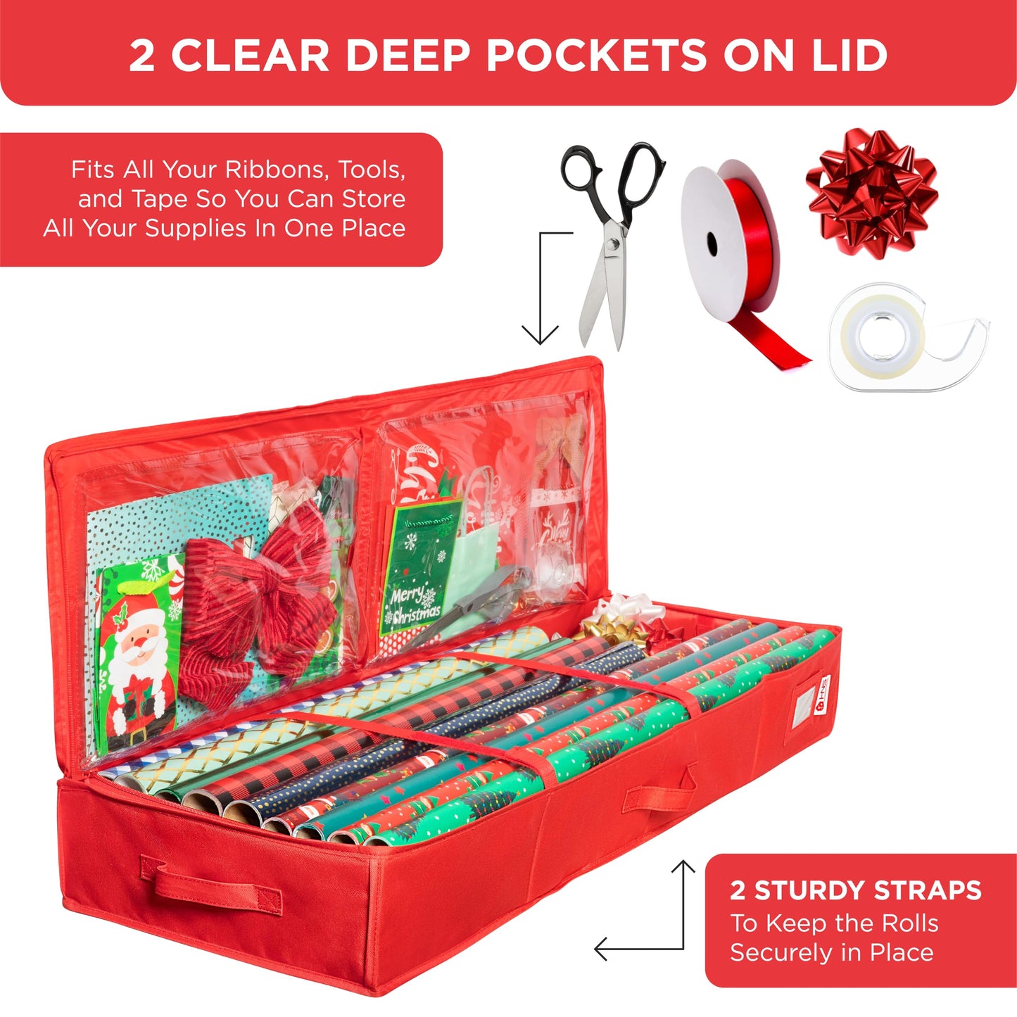 Premium Wrapping Paper Storage Container -Durable Material 600D tear-proof - Fits up to 27 Paper Rolls -Extra Pockets for Ribbons & Bows. Underbed Gift Wrap Organizer, Ideal for Holiday Christmas, etc
