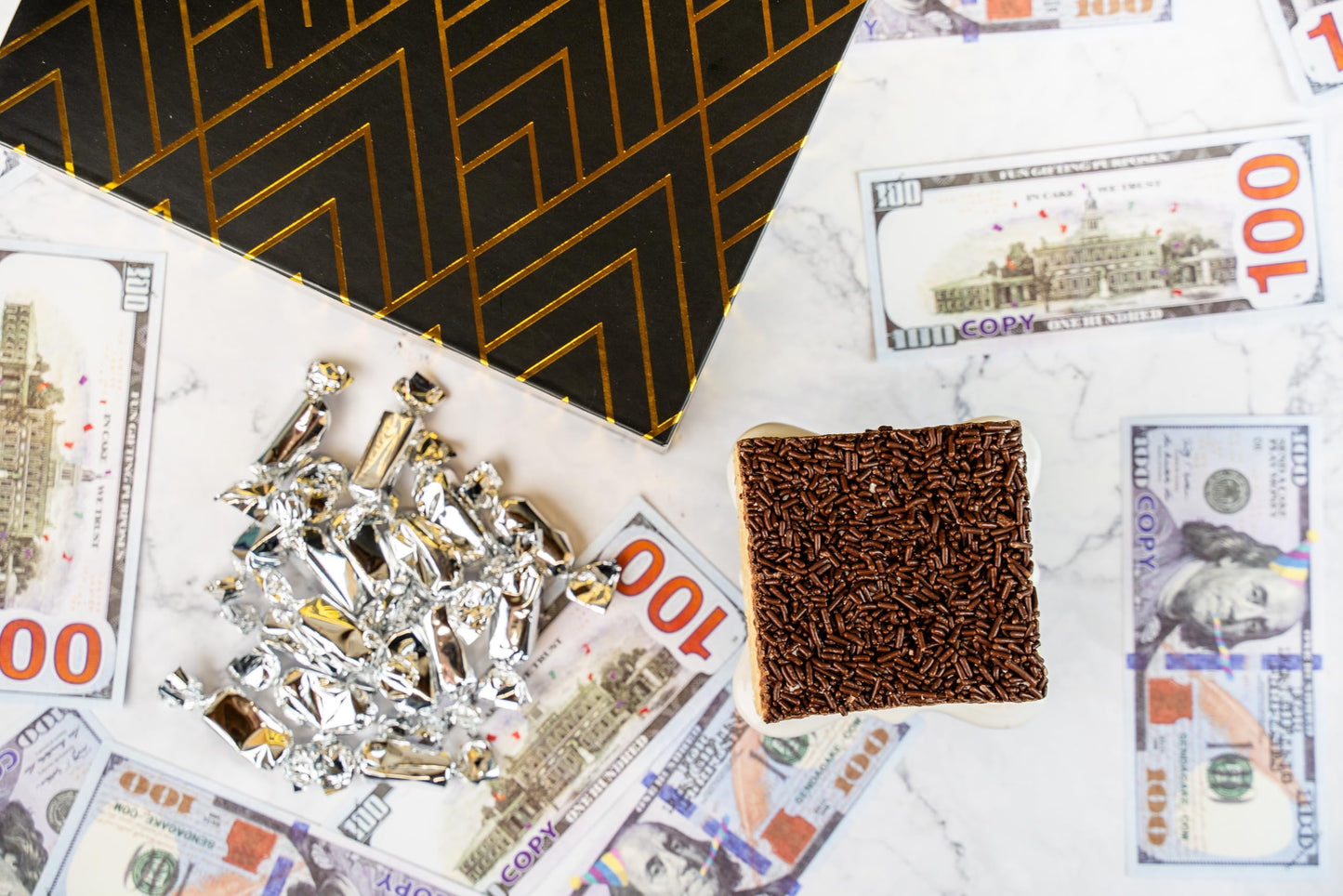 Luxe Billionaire Box featuring Shooting Birthday Bills. Ready to Gift, No Assembly Required with Music, Sweet Caramels & Delicious 3" Chocolate Sprinkle Crispy Cake for Delivery – Birthday Gift for Women, Men, Sister, Mom, Dad, Best Friend, Adults, Kids