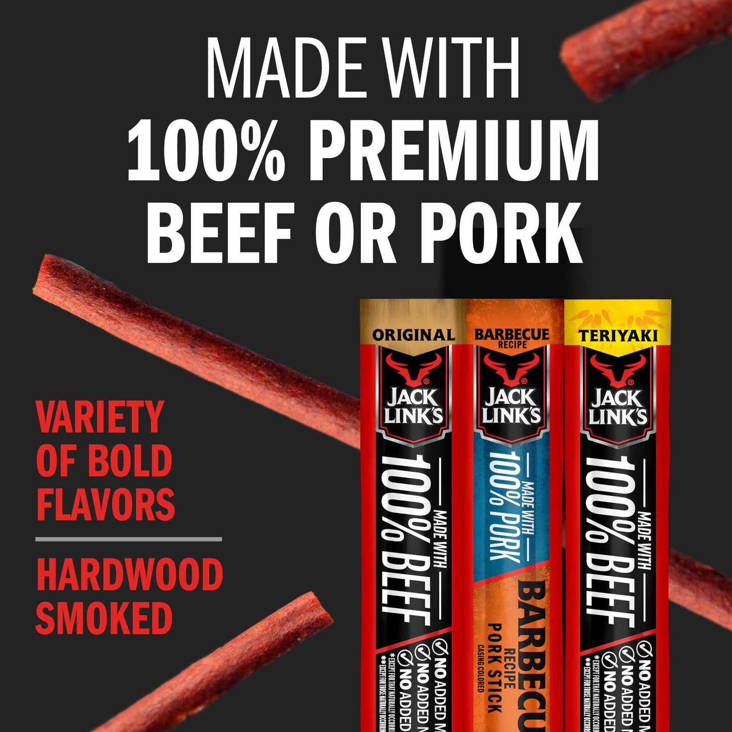 Jack Link's Meat Sticks Variety Pack, Original, Teriyaki, and Barbecue Pork - Protein Snack, Meat Snack Sticks Made with 100% Beef or Pork, Keto Friendly - 0.92 Oz. (20 Count)