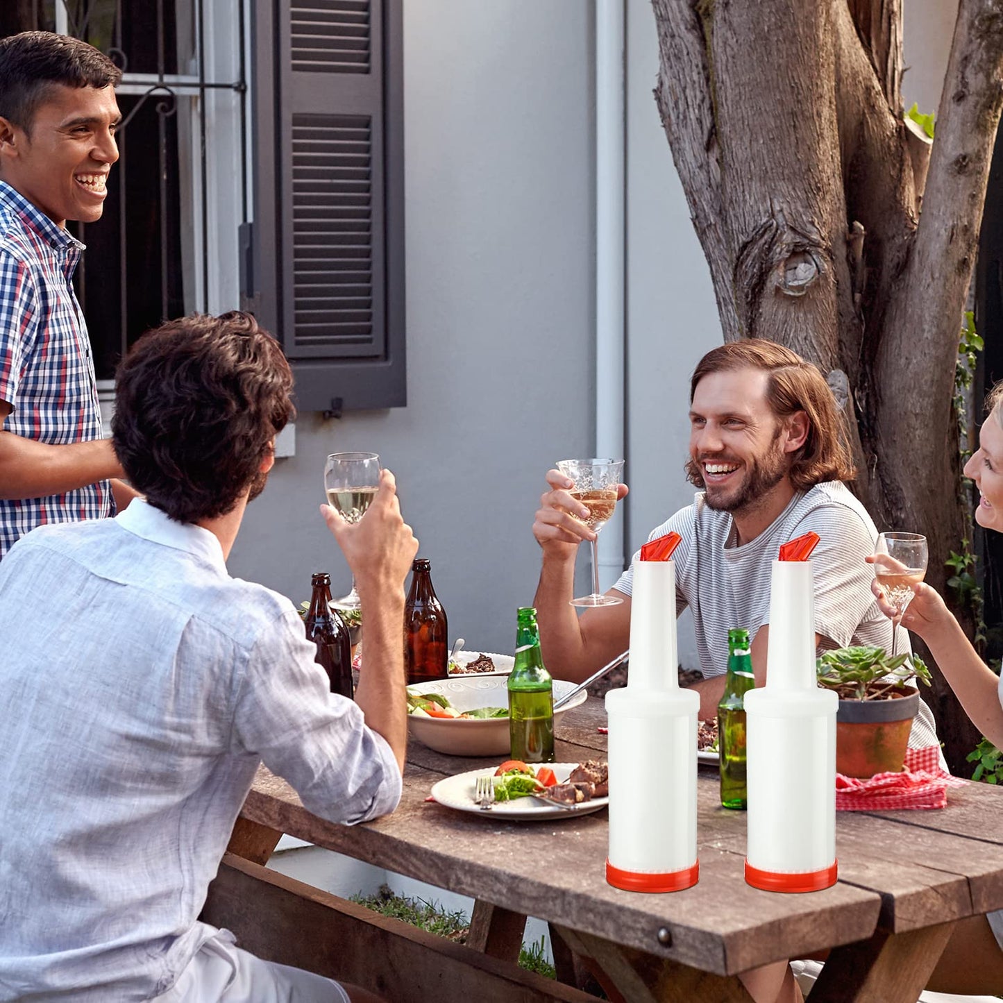 CHENGU 6 Pcs Bar Pour Colorful Juice Pouring Bottle Containers 34 oz Plastic Juice Dispensers for Bar Home Party Kitchen Supplies (White,Orange,Red,Yellow,Blue,Green)