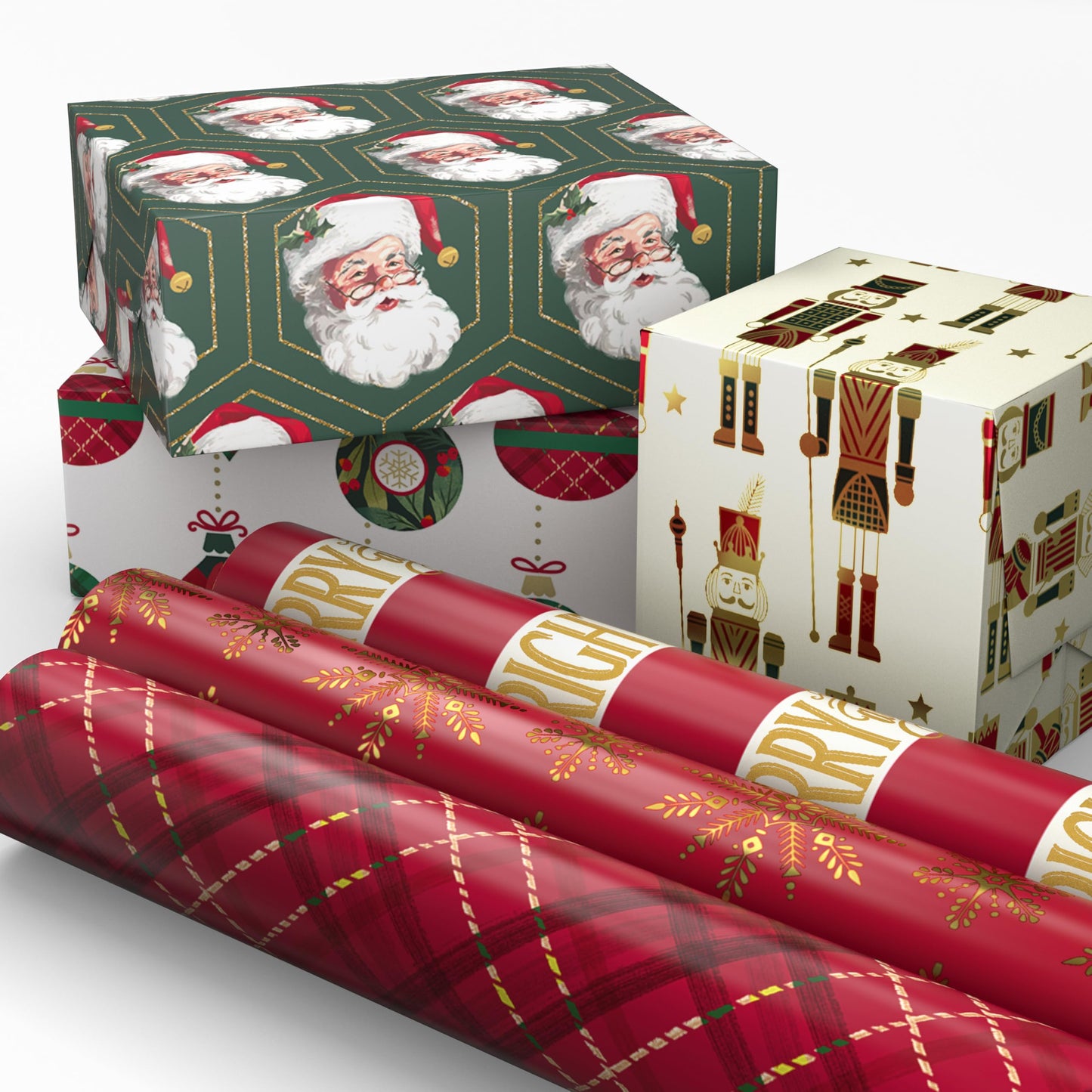 Hallmark Christmas Wrapping Paper Rolls with Cutlines on Reverse (6 Rolls: 150 Sq. Ft. Total) Santa Claus, Nutcrackers, Plaid, Snowflakes, Ornaments
