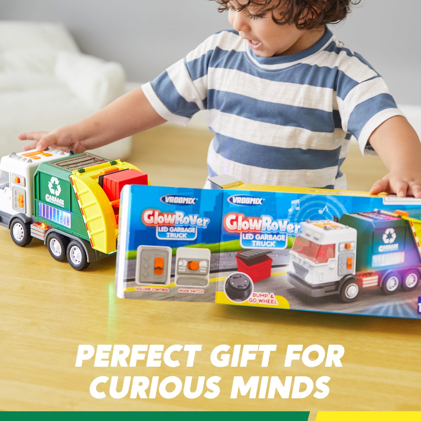 LED Garbage Truck Toy Set Includes Dumpster, Toy Truck with Mode Switch & Volume Control, Trash Vehicle with Lights and Sounds, Automatic Bump & Go Car