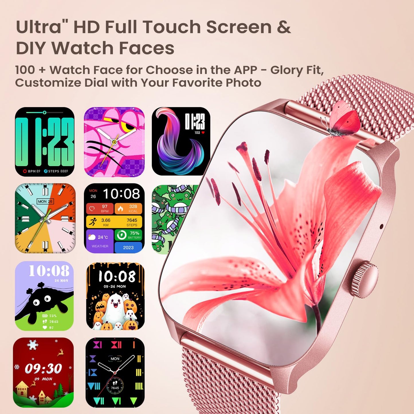 Smart Watches for Women Android iOS Phones: Pink Smartwatch for Women 1.83" Touchscreen with Answer/Make Call Waterproof Heart Rate Blood Pressure Sleep Sport Alarm Pedometer Calorie Fitness Tracker