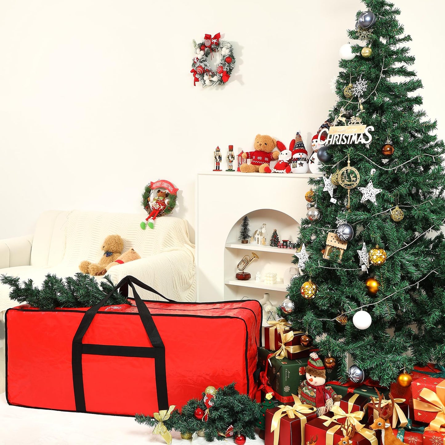 HOMEST Christmas Tree Storage Bag, Fits for 9 ft Xmas Artificials, Zippered Box with Reinforced Carrying Handles and Wheels, Red (Bag Only)