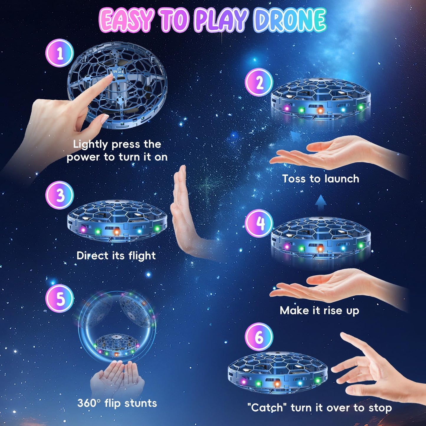 PYMSRTY Flying Toy Drone for Kids，360° Hands Free Motion Sensors Mini Drone with Cool LED Lights,Easy Indoor Small UFO Toy Flying Ball Drone for Kids -Blue