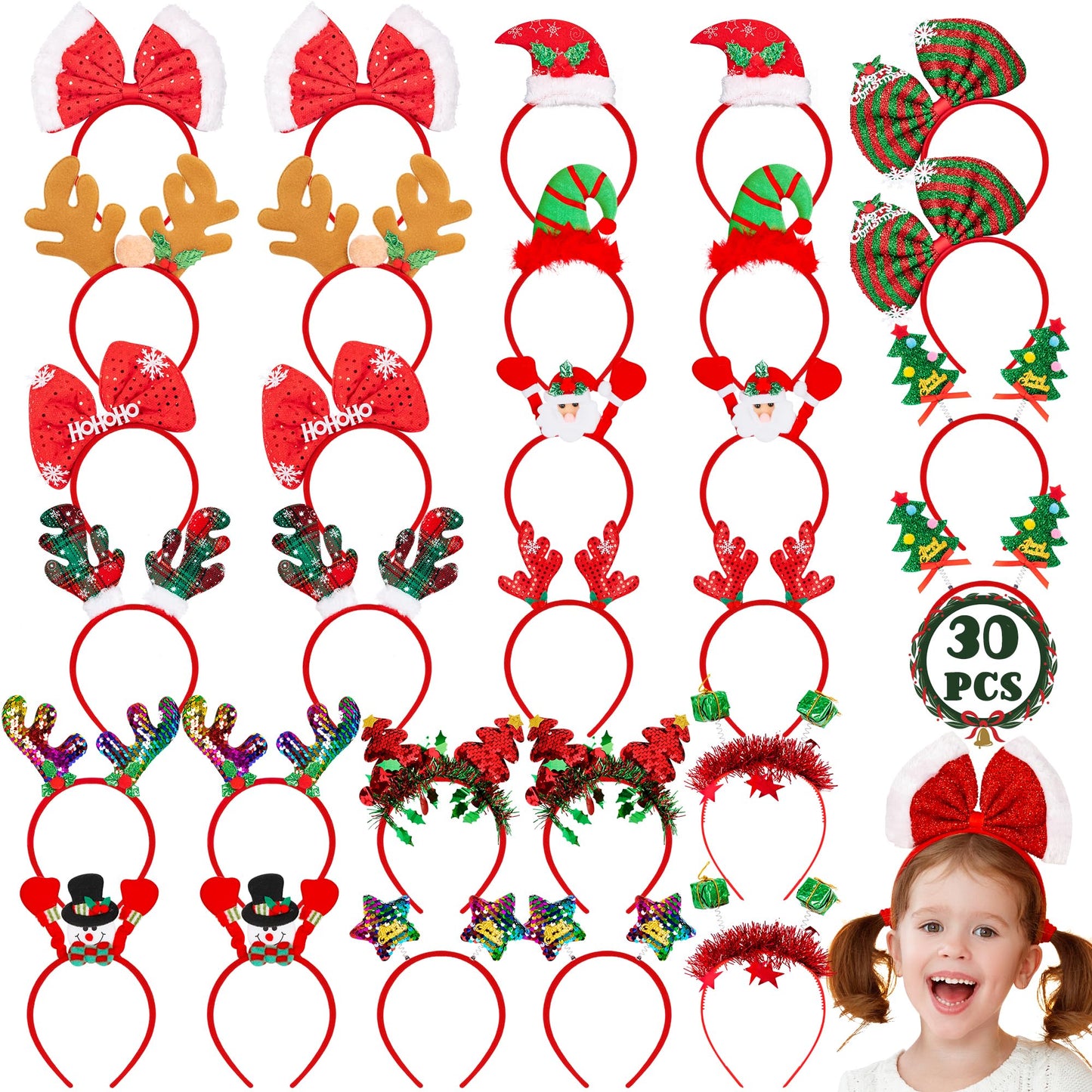 HOVACY 30 PCS Christmas Headbands, 15 Styles Christmas Headwear, Reindeer Antler Headbands, Santa Claus Xmas Tree Headpieces, Party Supplies, Christmas Decor for Womens Kids Adult