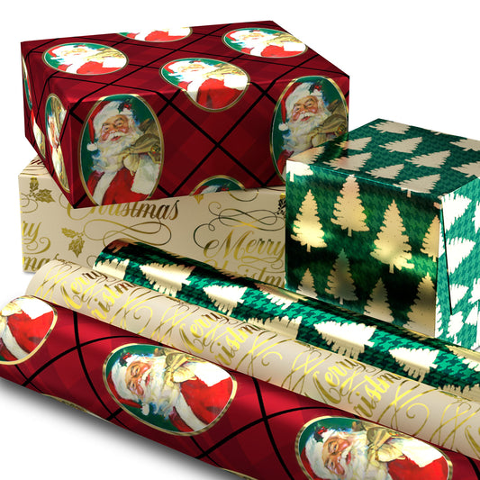 Hallmark Foil Christmas Wrapping Paper with Cut Lines on Reverse (3 Rolls: 60 sq. ft. ttl) Classic Santa Claus, Gold Merry Christmas, Green Plaid with Gold Trees