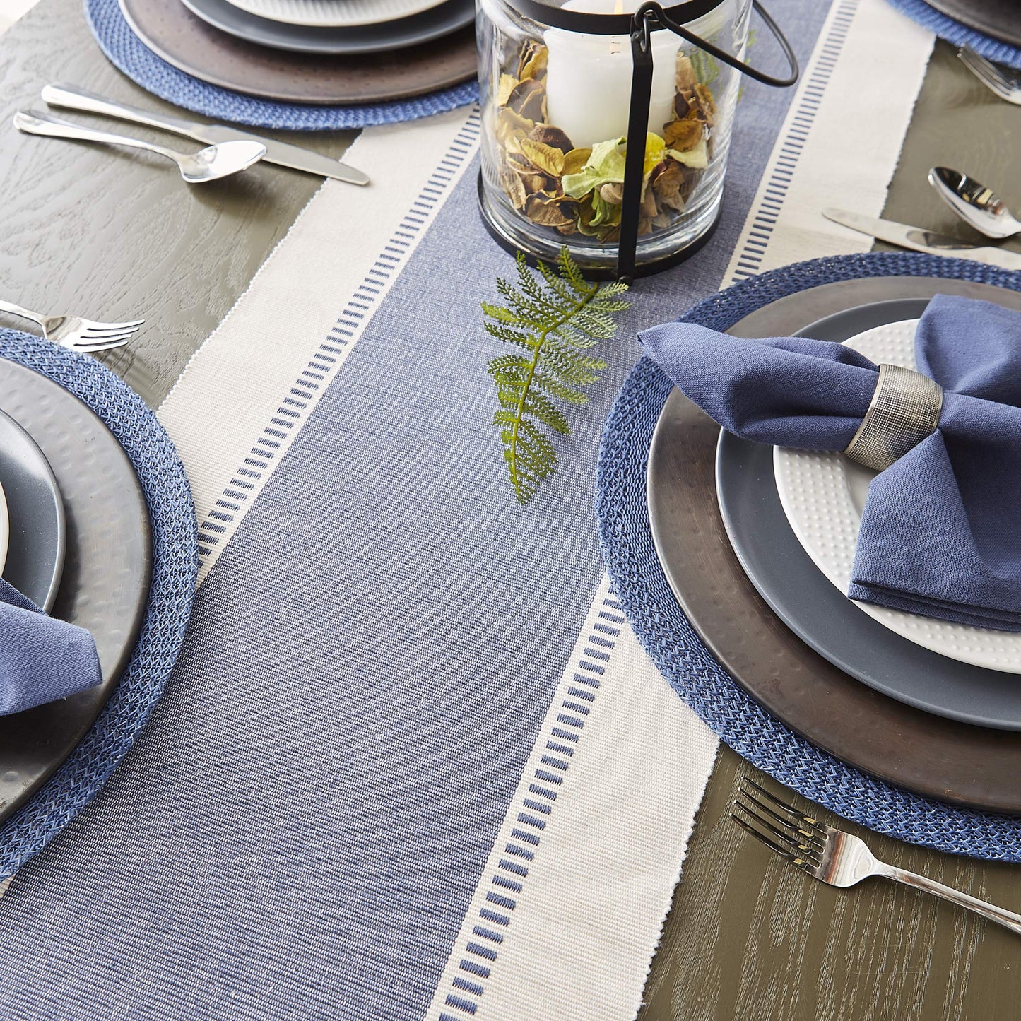 DII Dobby Stripe Woven Table Runner, 13x108 (13x113.5, Fringe Included) French Blue