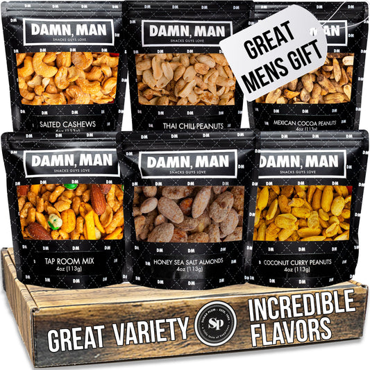 Gourmet Nut Gift Box for Men - 6 Unique Handcrafted Snacks, Ideal Gift for Dad, Birthday, or a Bold Snack Adventure