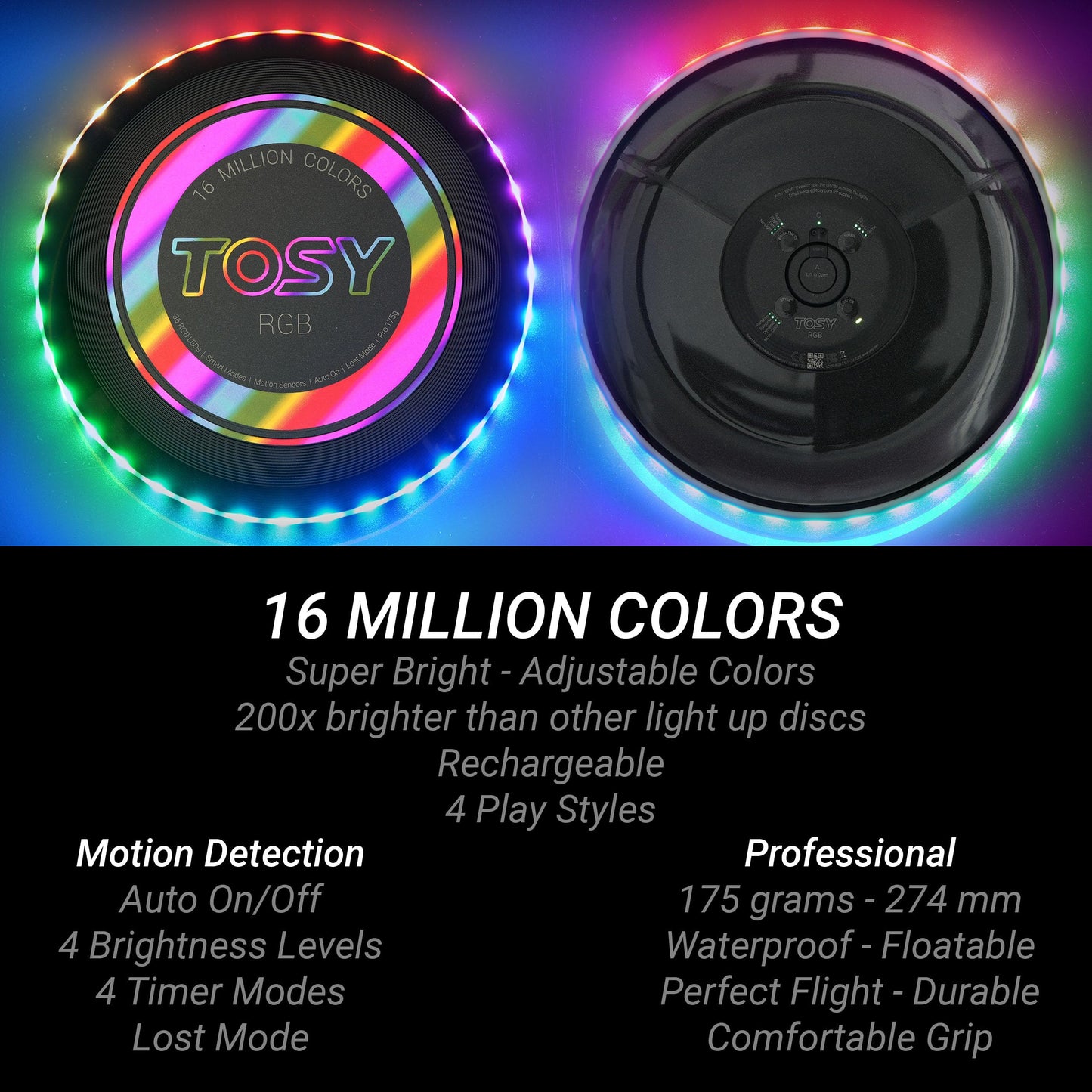 TOSY Flying Disc - 16 Million Colors RGB, Extremely Bright, Smart Modes, Camping Essentials for Teens/Kids/Adult/Men/Boys/Girls, Auto Light Up,Rechargeable, Waterproof, 175g