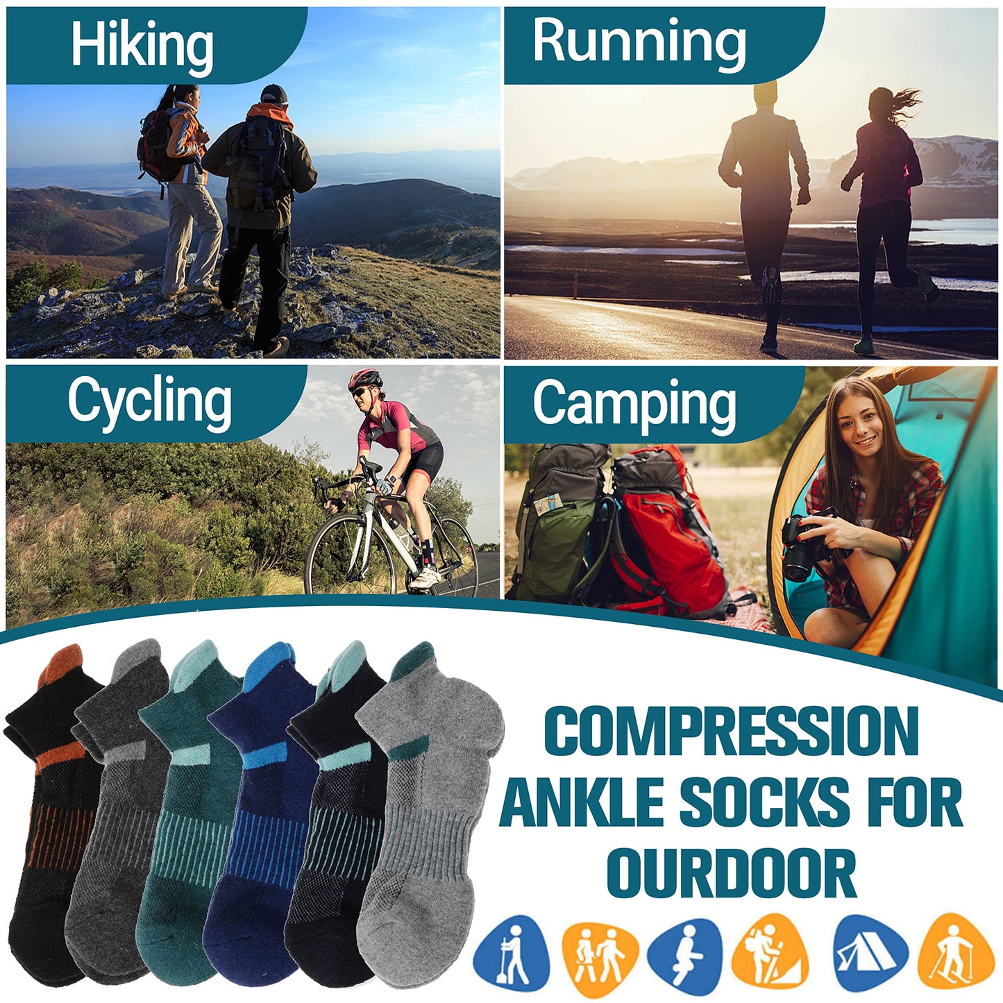 Anlisim Merino Wool Quarter Hiking Socks Compression Warm Thermal Winter Thick Cushion Running Moisture Wicking No Show Socks Gifts Stocking Stuffers for Women Men 6 Pairs(Color Mix,L)