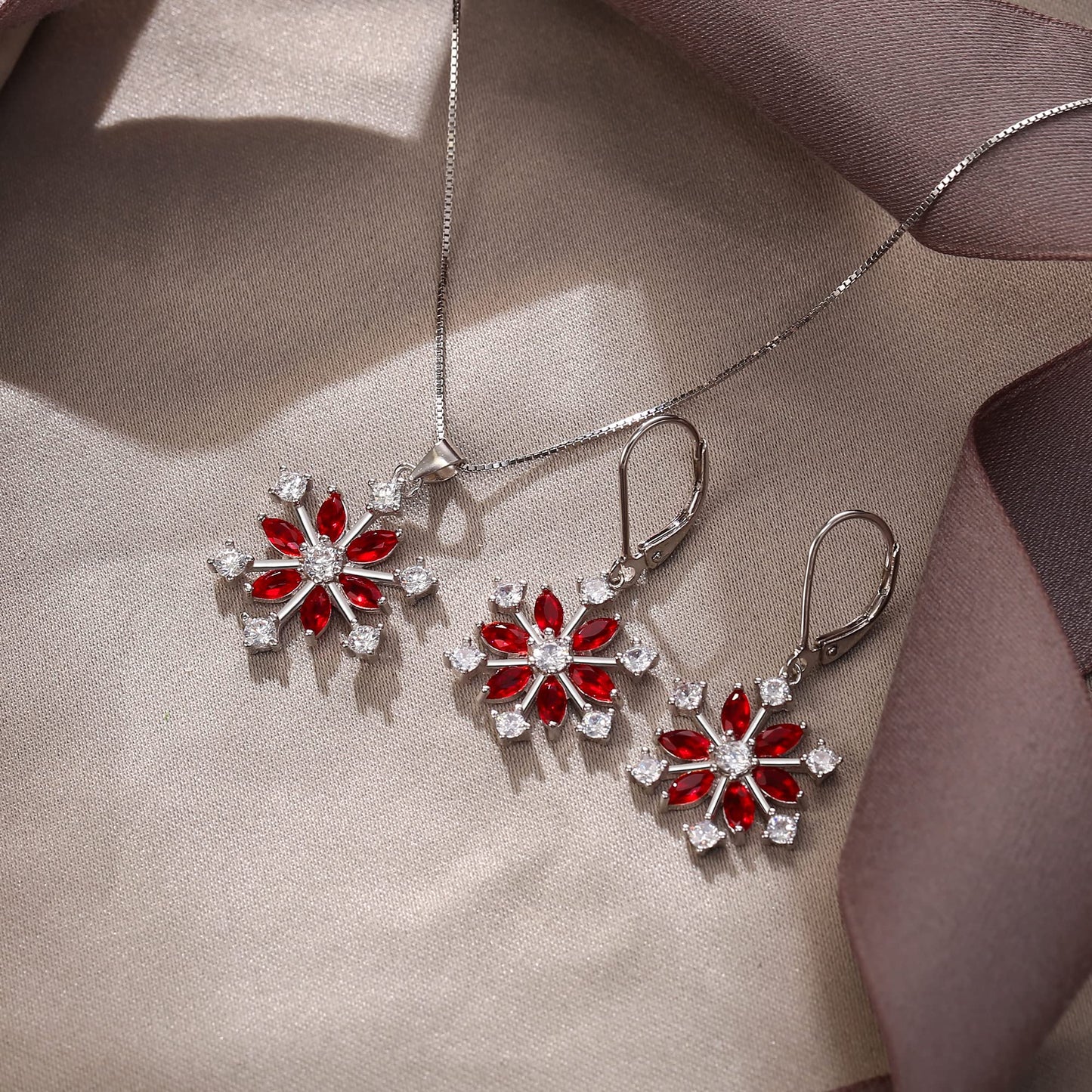 EVER FAITH Snowflake Jewerly Set 925 Sterling Silver Winter Accessory Sparkle Red CZ Flower Necklace Leverback Earrings Sets