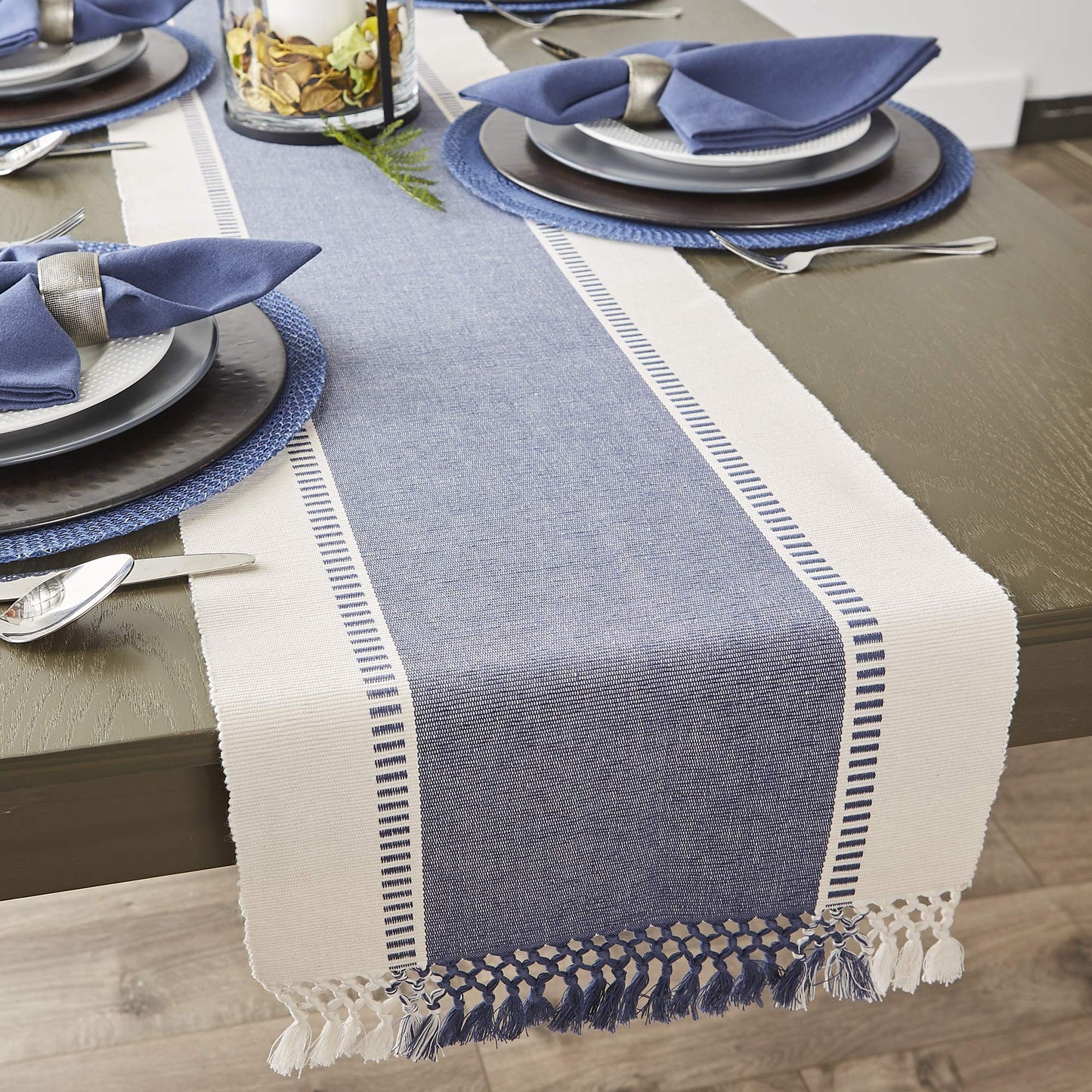 DII Dobby Stripe Woven Table Runner, 13x108 (13x113.5, Fringe Included) French Blue