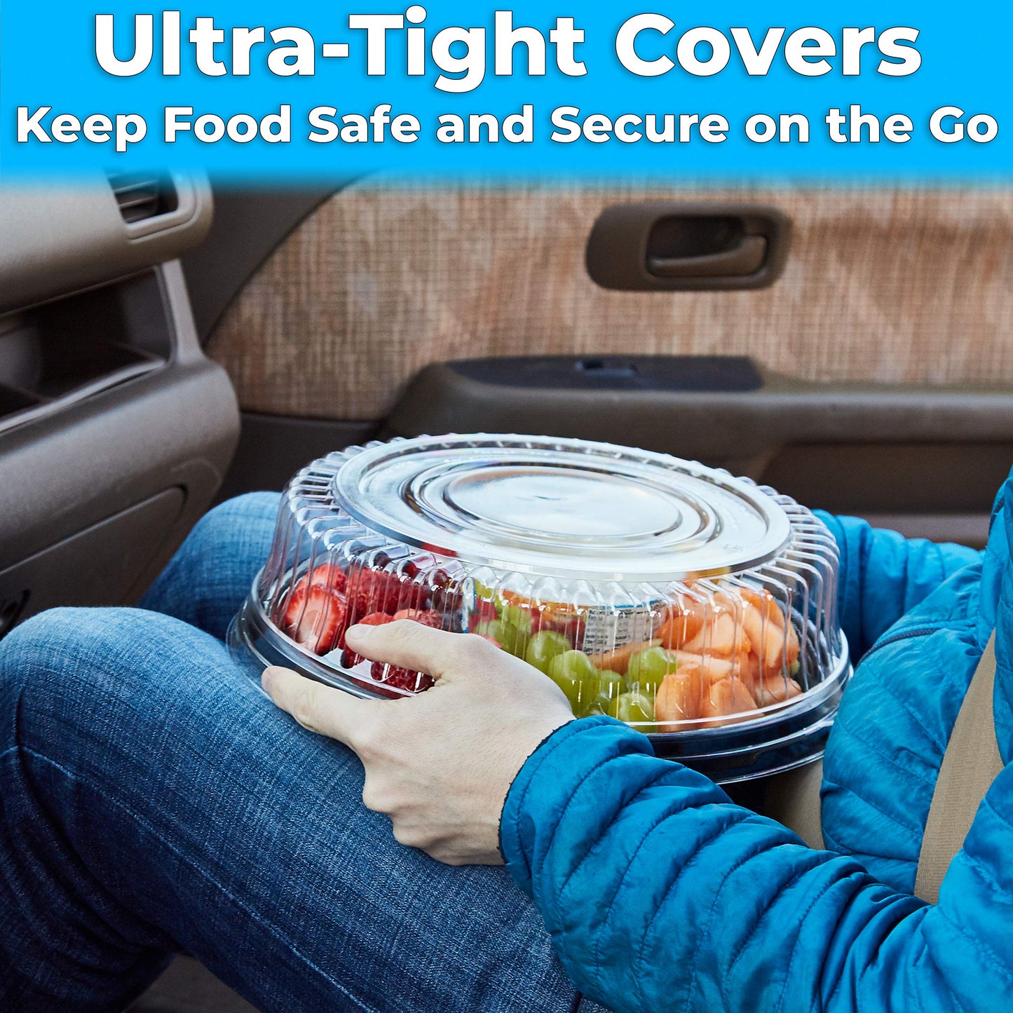 Avant Grub Heavy Duty, Recyclable 12 in. Serving Tray and Lid 3pk. Large, Black Plastic Party Platters with Clear Lids Dishware Plate, Elegant Round Banquet or Catering Trays for Serving Appetizers