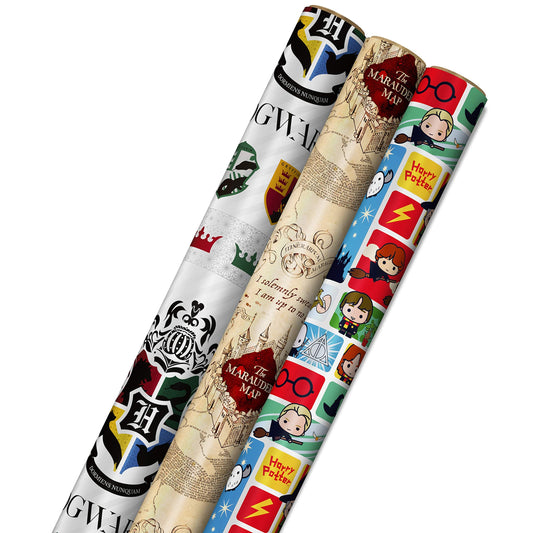 Hallmark Harry Potter Wrapping Paper with Cut Lines on Reverse (3-Pack: 60 sq. ft. ttl; Marauder's Map, Hogwarts Crest) for Birthdays, Graduations, Christmas, Valentine's Day, Kids, Fans