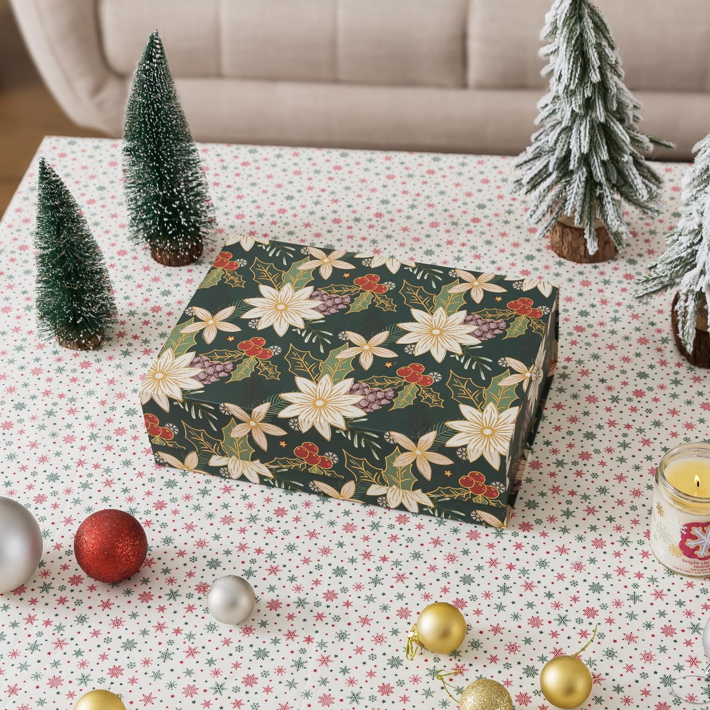 Soul & Lane Christmas Gift Box with Lid, 12.5" x 9.0" x 3.5", Christmas Magnetic Gift Box for Presents with Holiday Design and Sturdy Construction, Emerald Garden