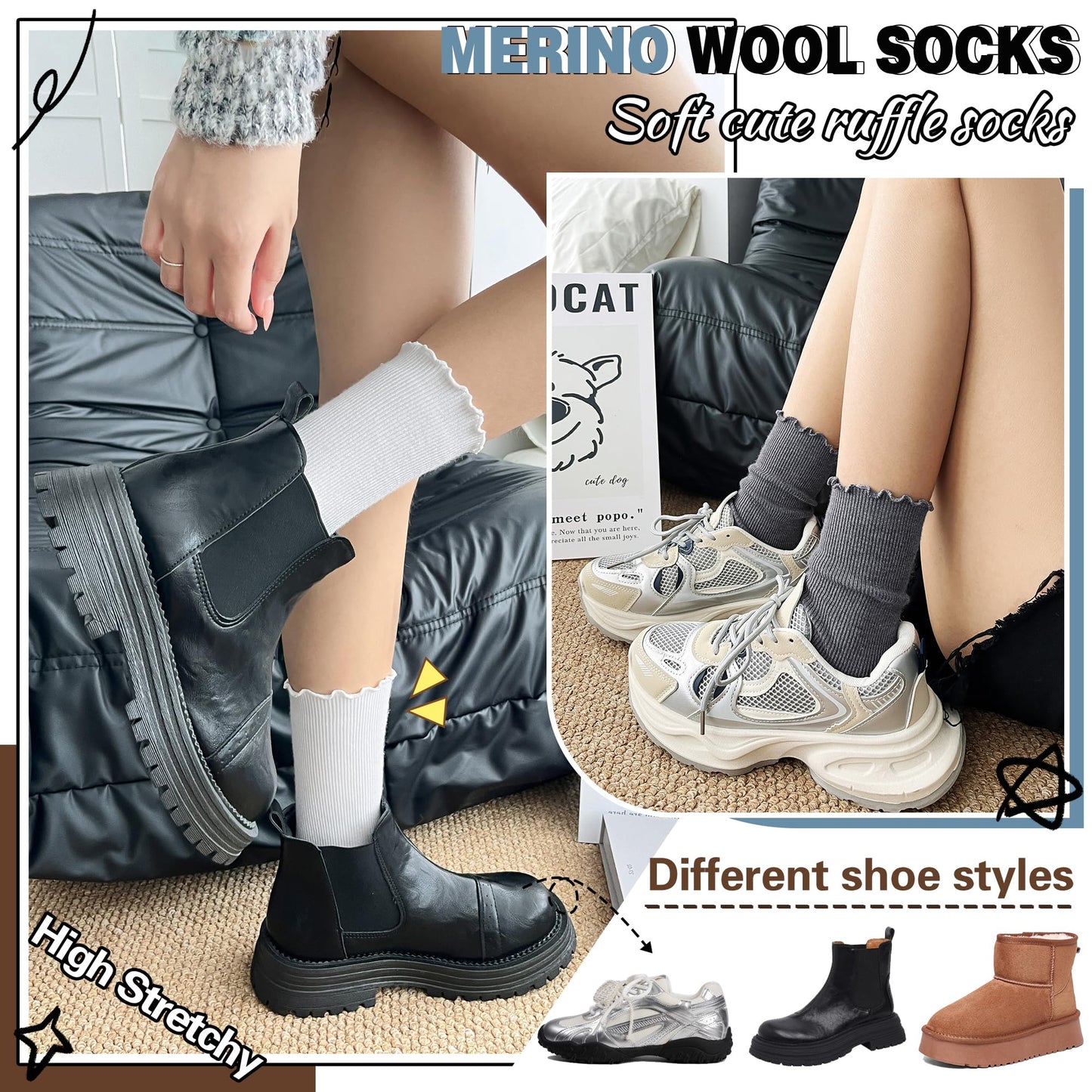 SAVALOS Thin Merino Wool Ruffle Boot Socks Warm Winter Cozy Frilly Soft Crew Work Gifts Socks for Womens 5 Pairs Stocking Stuffers(Striped-Grey,M)