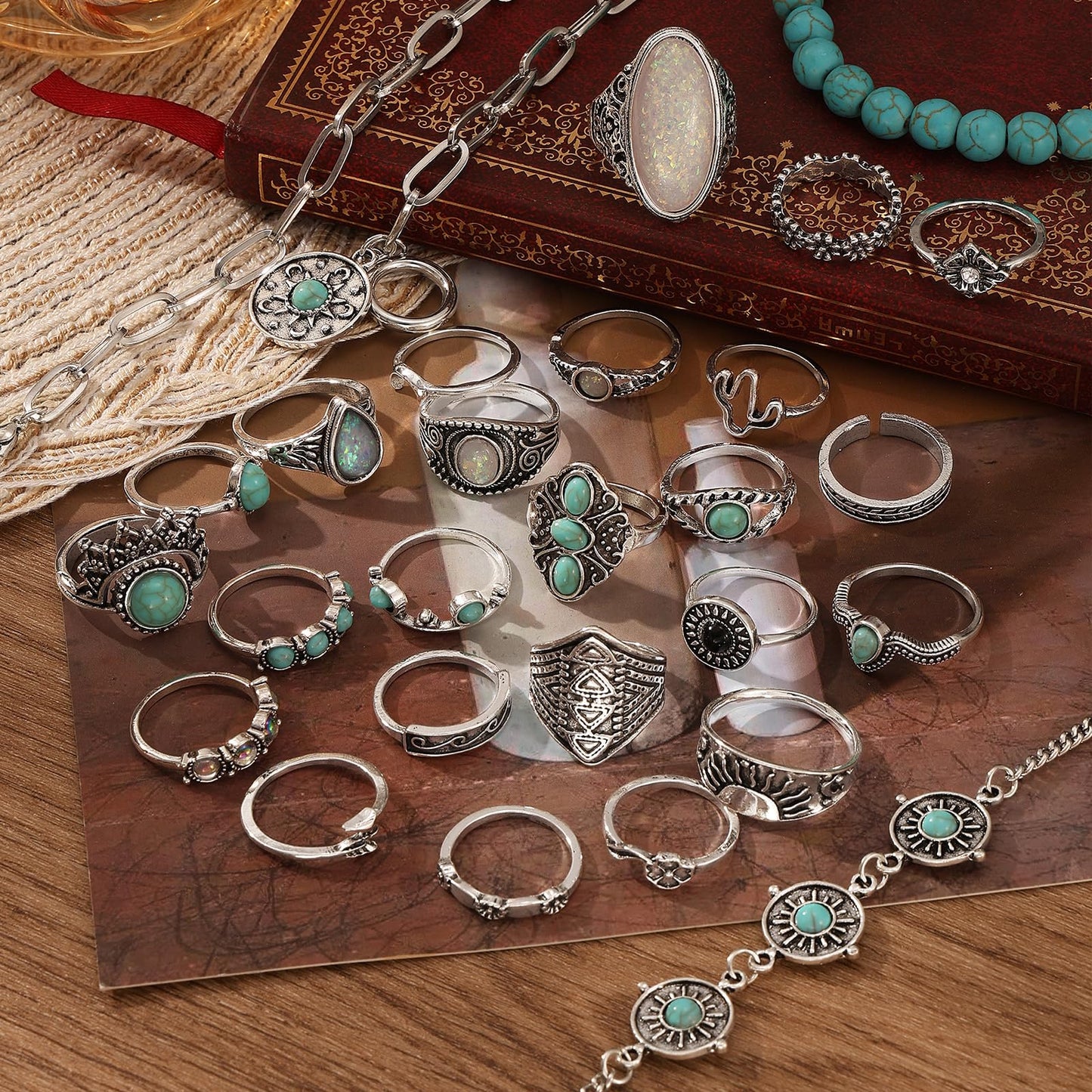 IFKM 50 PCS Silver Bohemian Jewelry Set With 7pcs Turquoise Necklace,12 pairs Dangle Earrings, 7pcs Stackable Bangle Bracelets, 24pcs Knuckle Rings For Women Vintage Western Boho Turquoise Anniversary Birthday Friendship Gift (Bohemian style)
