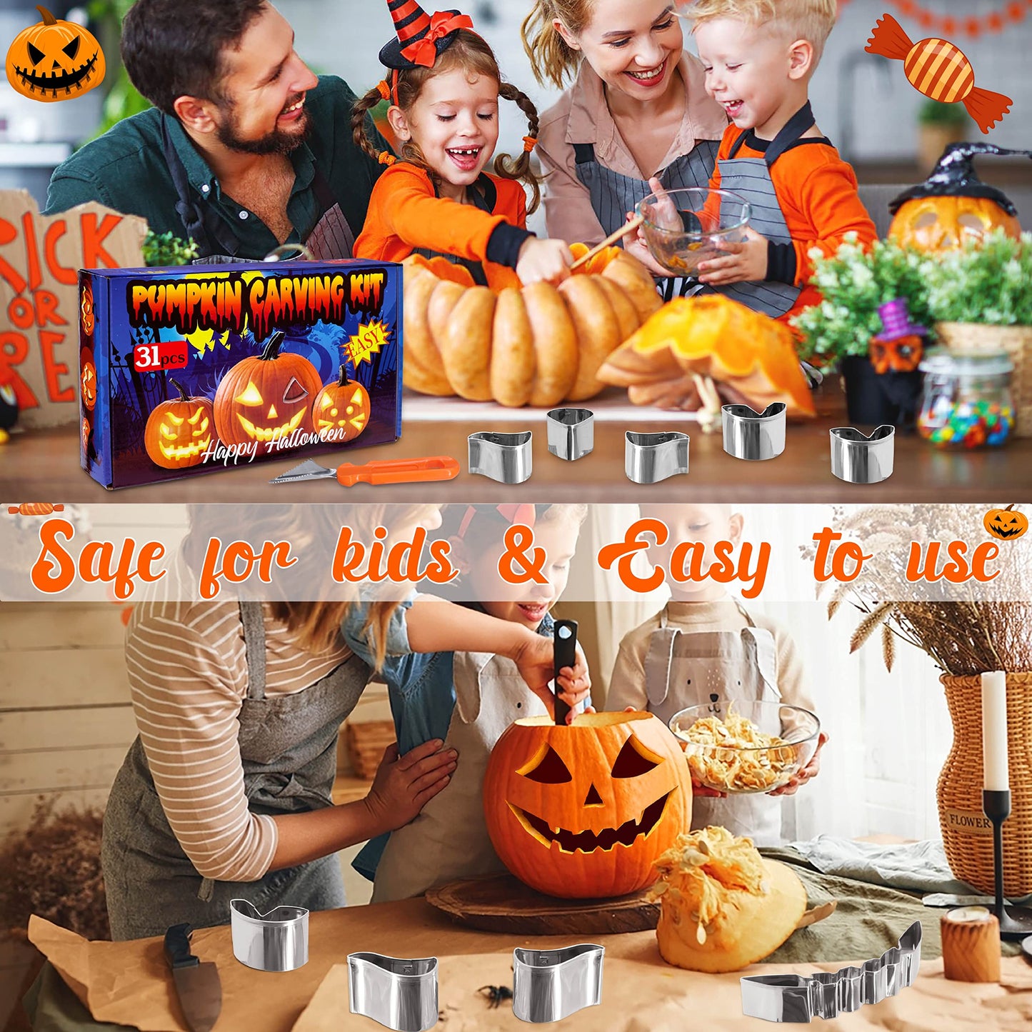 31PCS Pumpkin Carving Kit for Kids - Pumpkin Carving Tools Included Stainless Stencils with LED Candle Lights Halloween Decorations (Mallet Not Included)