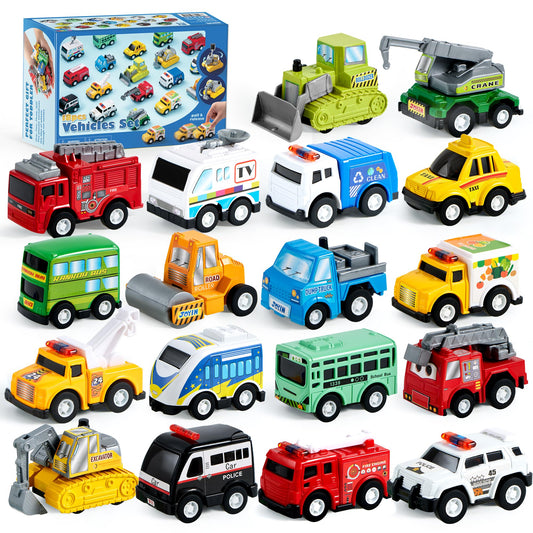 JOYIN 18 Pcs Pull Back City Cars and Trucks Toy Vehicles Set, Friction Powered Cars Toys for Toddlers, Boys, Girls’ Educational Play, Kids Stocking Stuffers, Treasure Box Gifts for Classroom