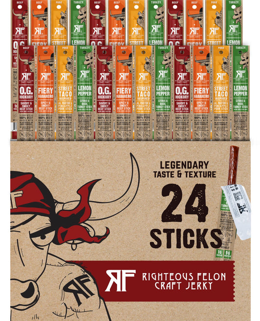 Righteous Felon Meat Sticks Variety Pack | Healthy Snack for Adults | Gluten Free & Keto Meat Sticks | Low Sugar & High Protein | Turkey, Pork, Beef Sticks | Jerky Gifts for Men | 24 Pack