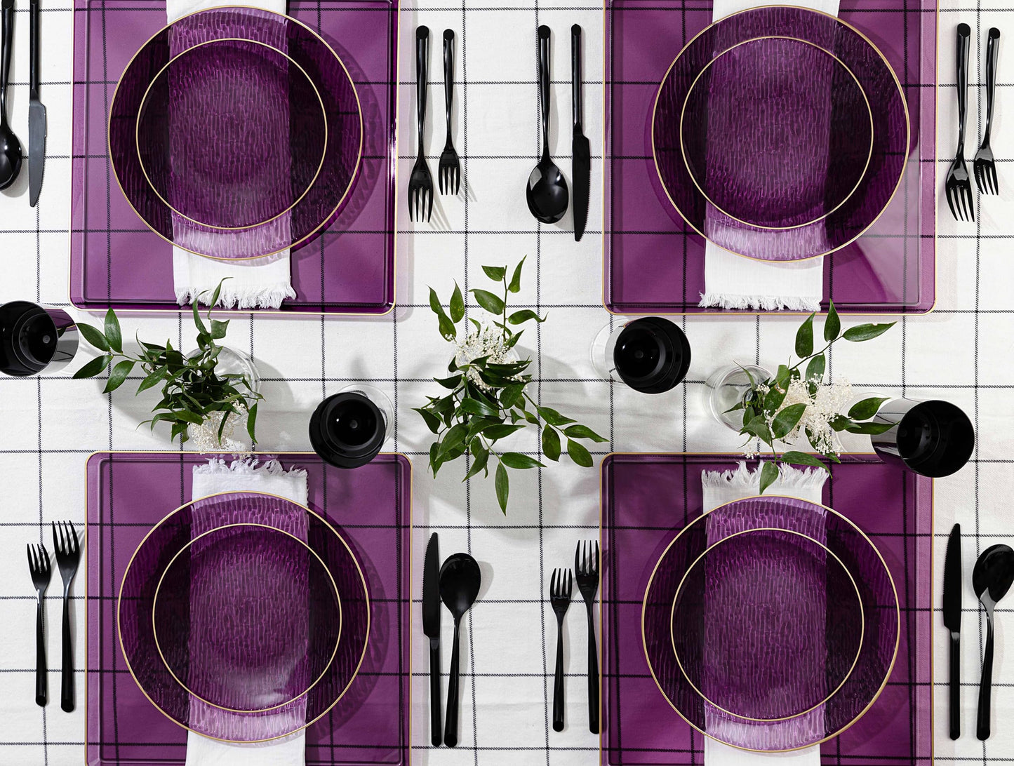 PLASTICPRO 48 Pieces Elegant Plastic Plates for Party Purple with Gold Rim Includes 7" inch and 10" inch Fancy Plastic Plates Disposable Dinnerware