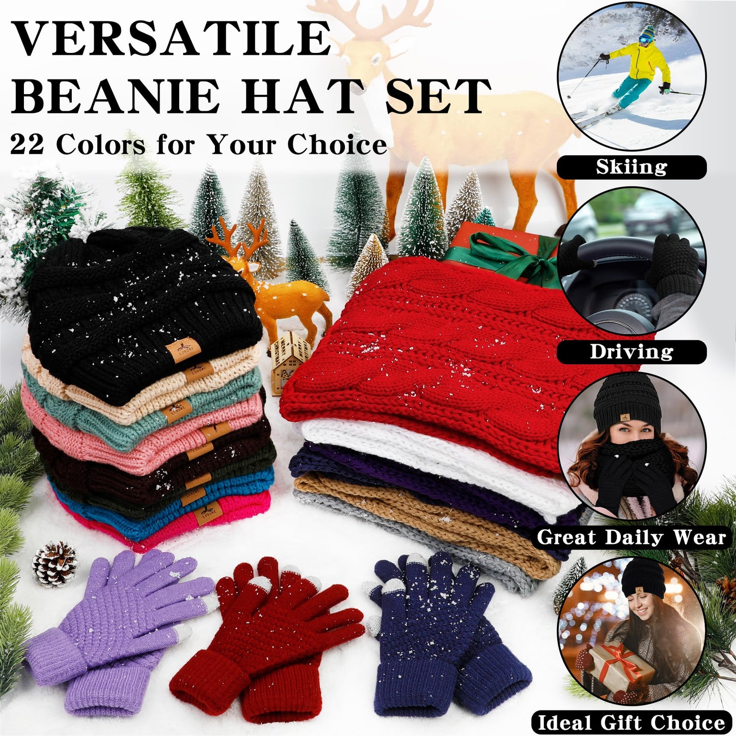 LOROME Winter Beanie Hat Scarf Gloves, Warm Fleece Knit Winter Hats Touch Screen Gloves Neck Scarf Set Winter Gifts for Women Men