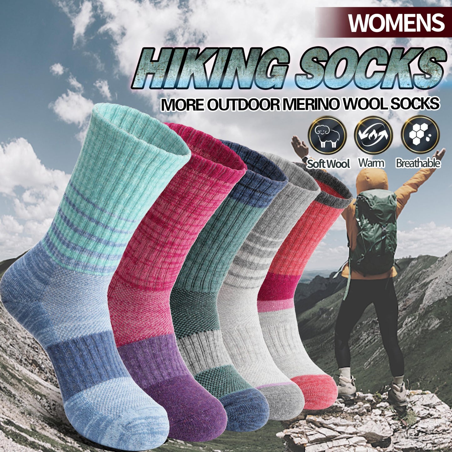Anlisim Merino Wool Hiking Socks for Women Thermal Winter Warm Thick Work Cushion Gifts Socks 5 Pairs Stocking Stuffers(Tie-dye,M)