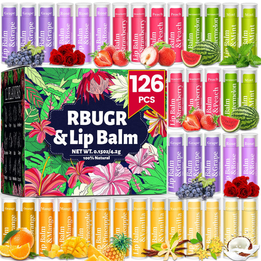 RBUGR 126 Pcs Lip Balm Bulk, 12 Flavored Pack of Lip Balms Pack Natural Moisturising Organic Lip Balm Set for Cracked Lips, Bulk Gifts Stocking Stuffers Party Favors(4.2g/0.15oz)