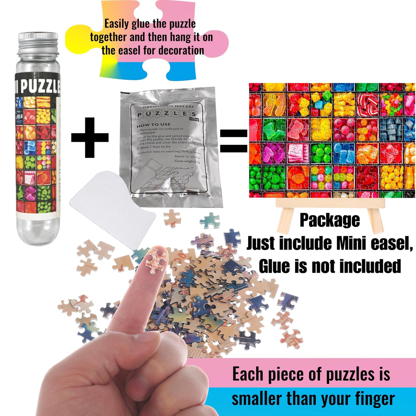 Small Jigsaw Puzzles for Adults 150 Pieces Colorful Candy Ice Pop Succulent Mini Jigsaw Puzzles Challenging Mini Puzzles Tiny Jigsaw Puzzles 6 x 4 Inches, 3 Pcs,Mini Easel Included